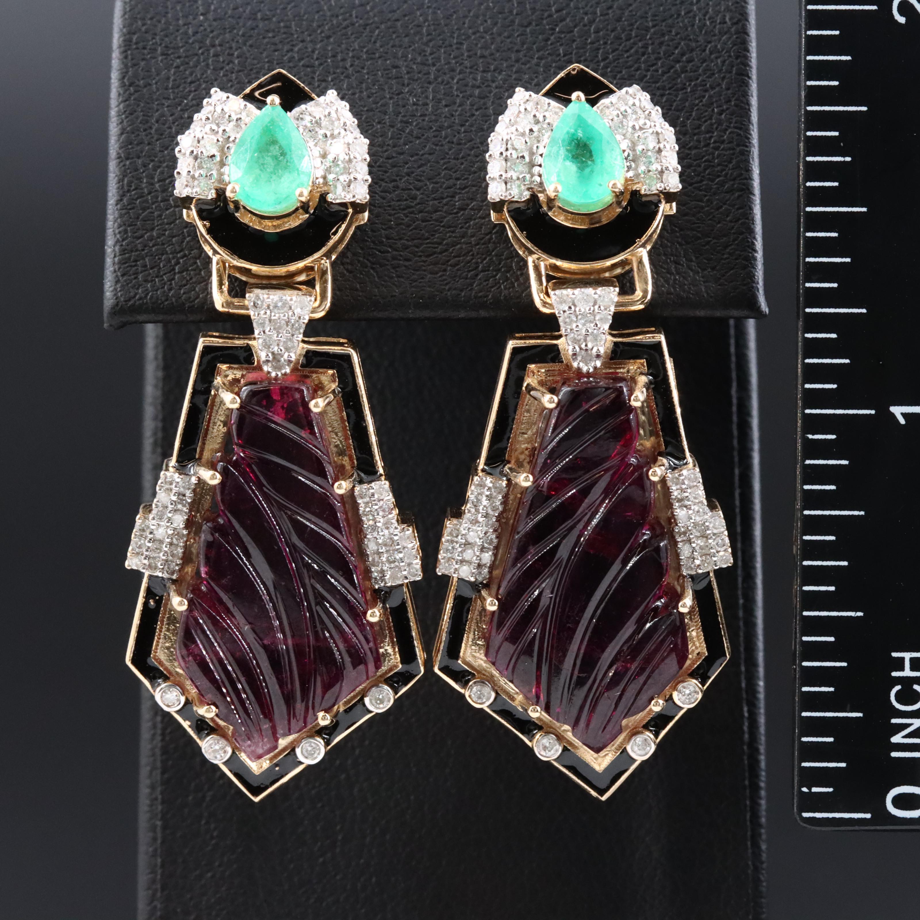 14K Rubellite Tourmaline, Emerald and Diamond Earrings with IGI Report