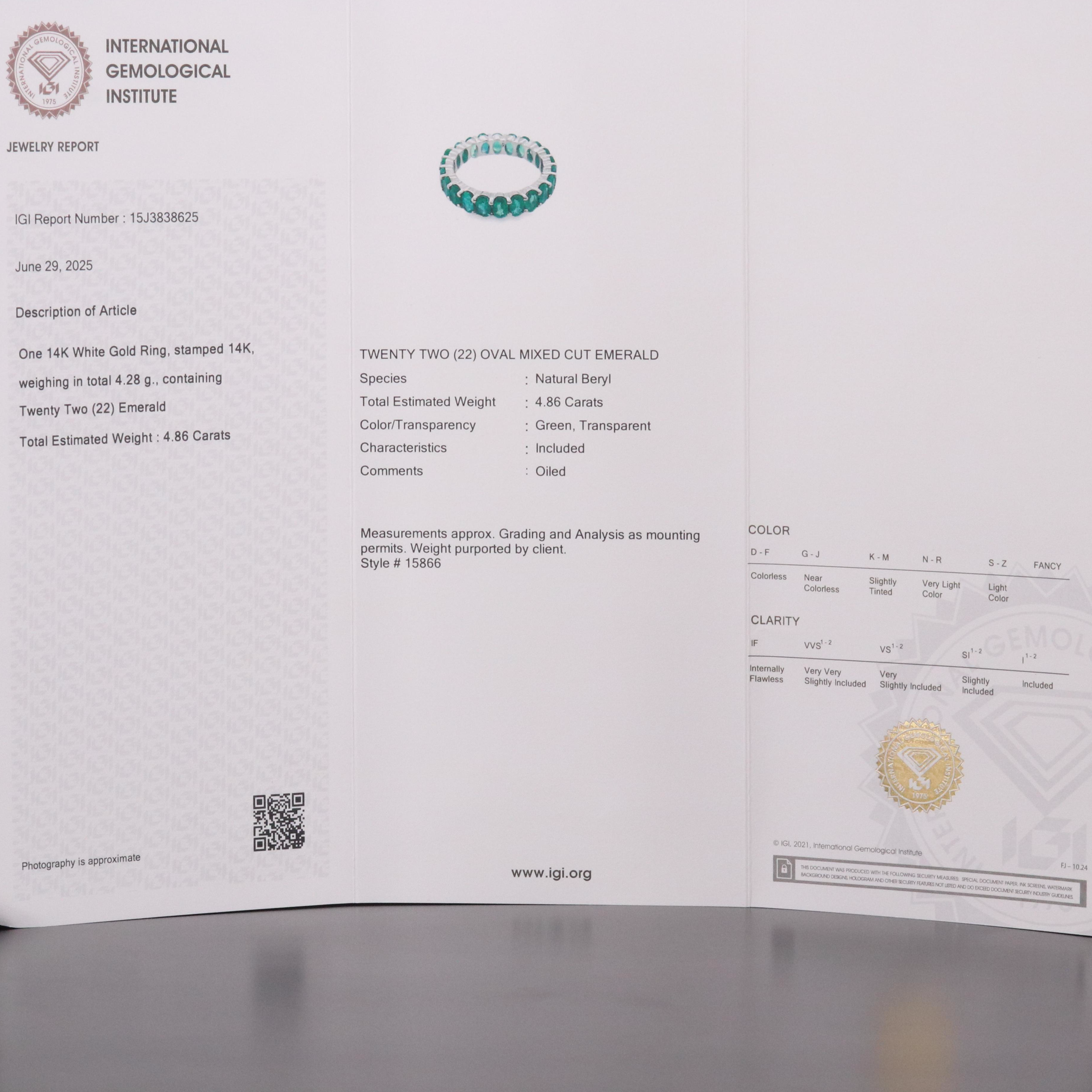 14K 4.86 CTW Emerald Eternity Band with IGI Report