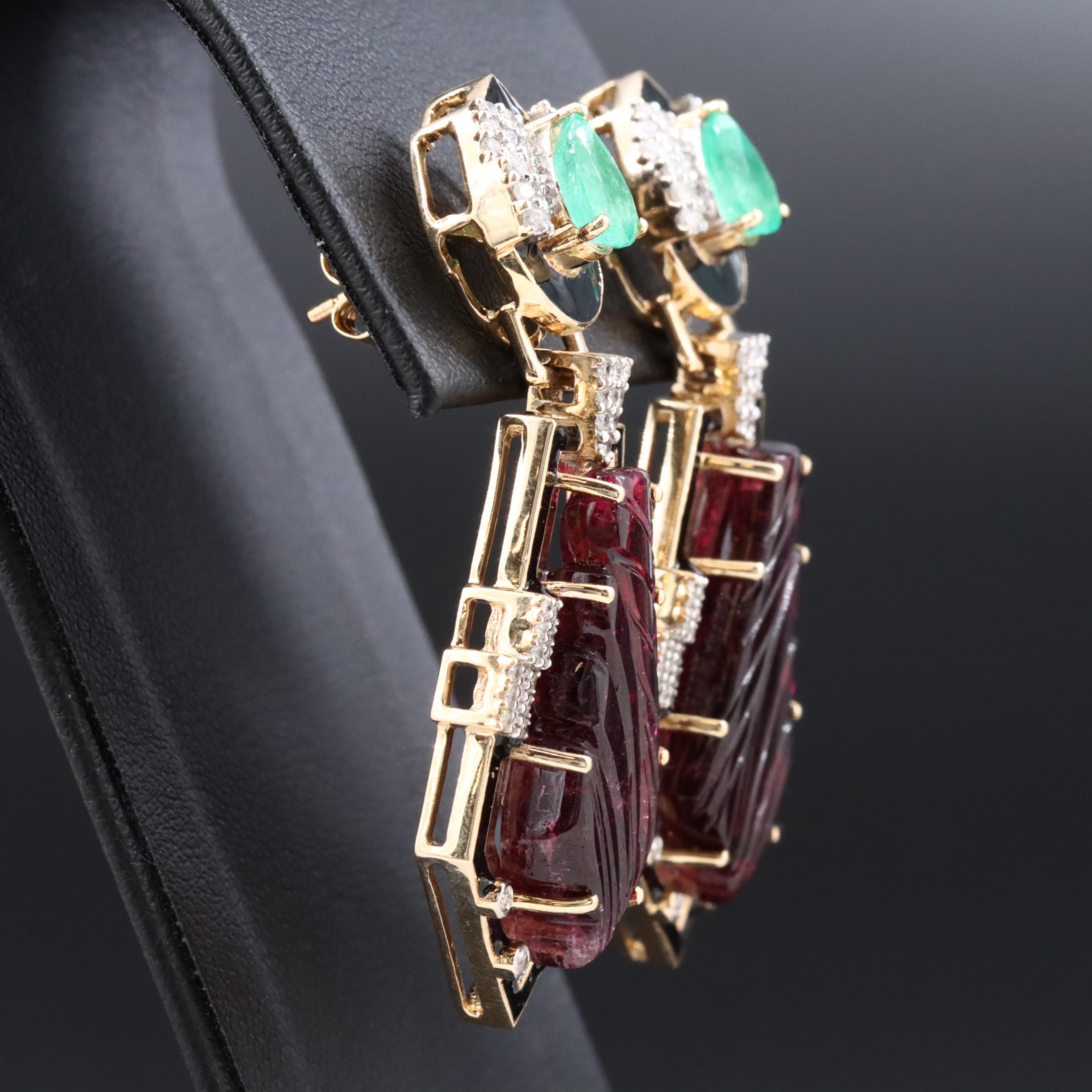 14K Rubellite Tourmaline, Emerald and Diamond Earrings with IGI Report