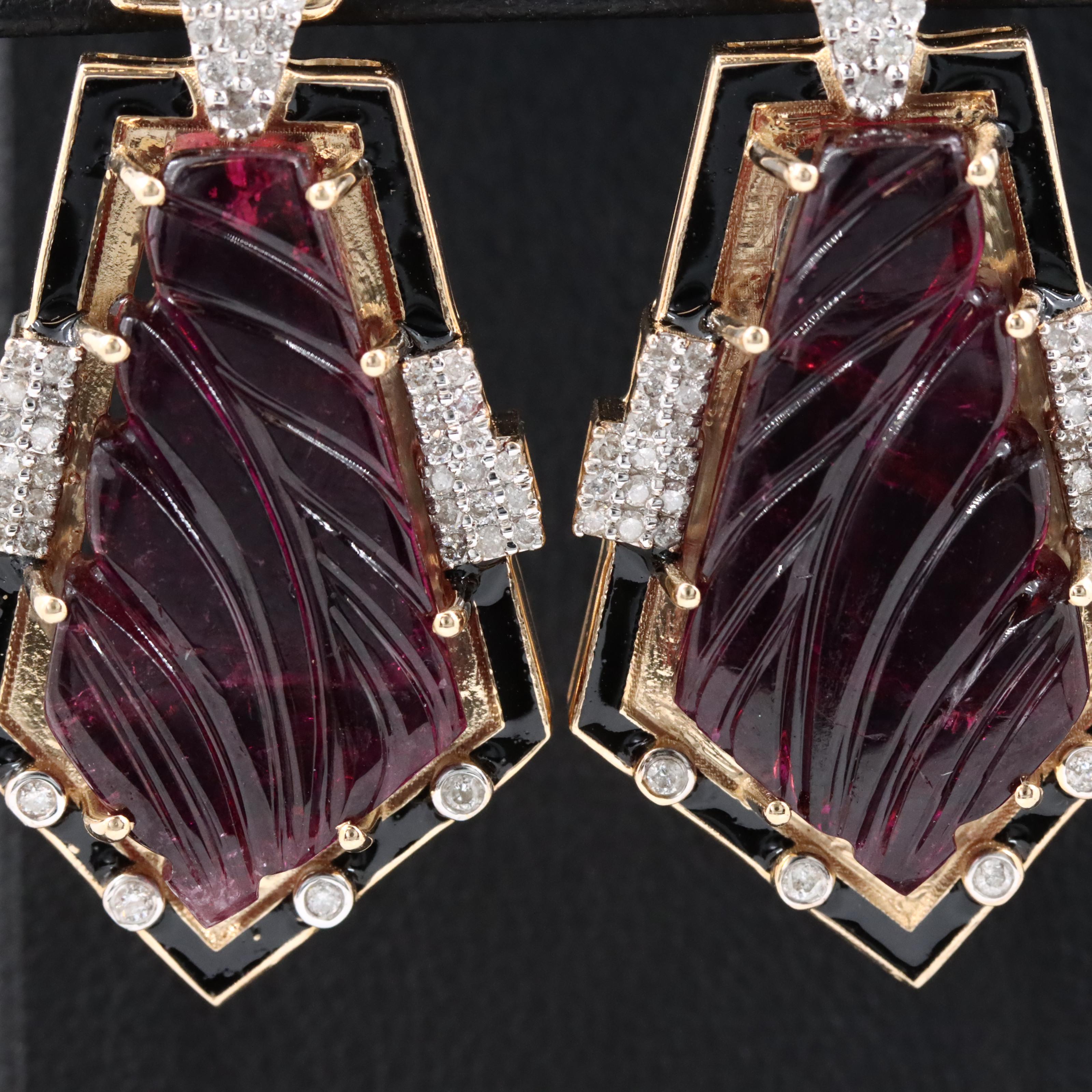 14K Rubellite Tourmaline, Emerald and Diamond Earrings with IGI Report