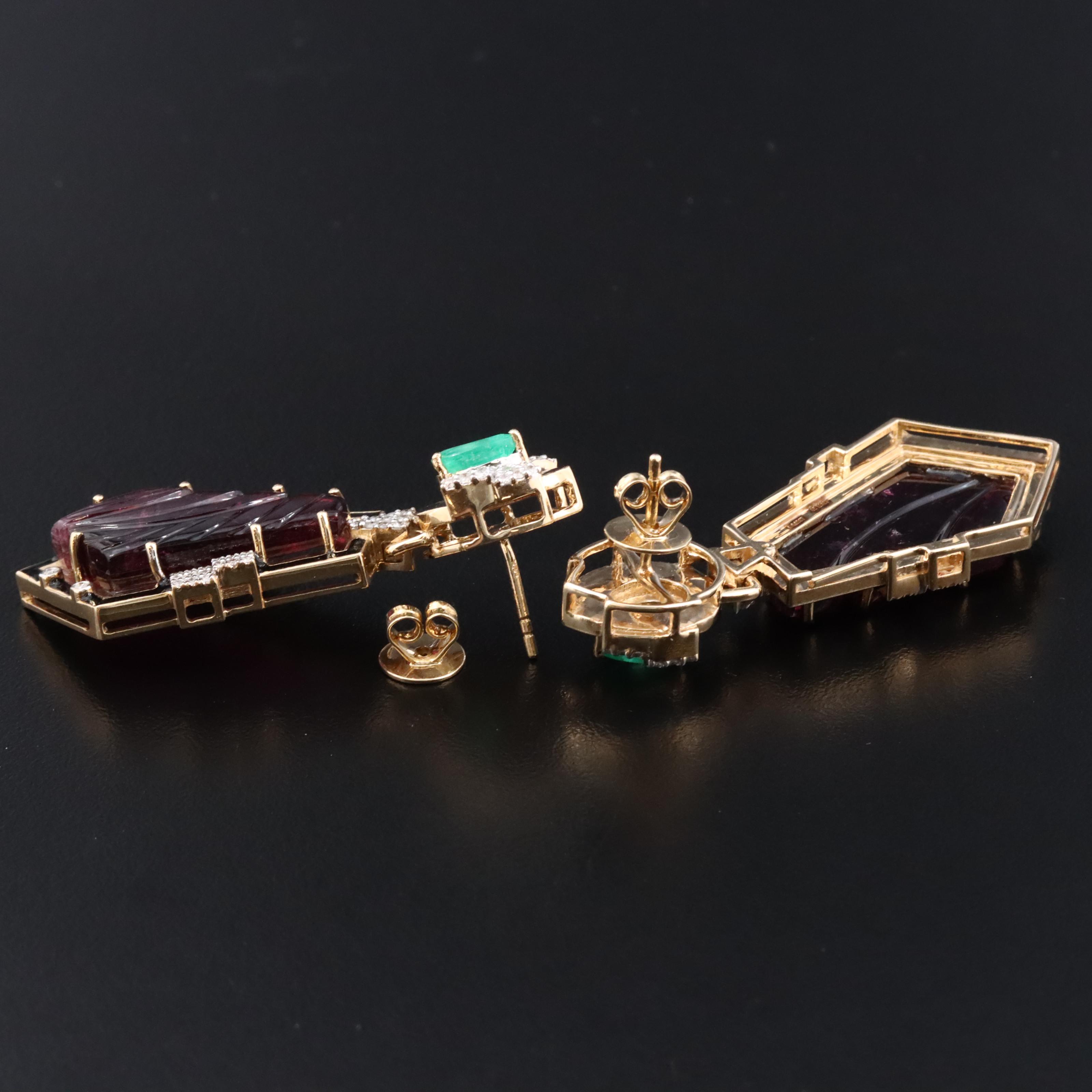 14K Rubellite Tourmaline, Emerald and Diamond Earrings with IGI Report