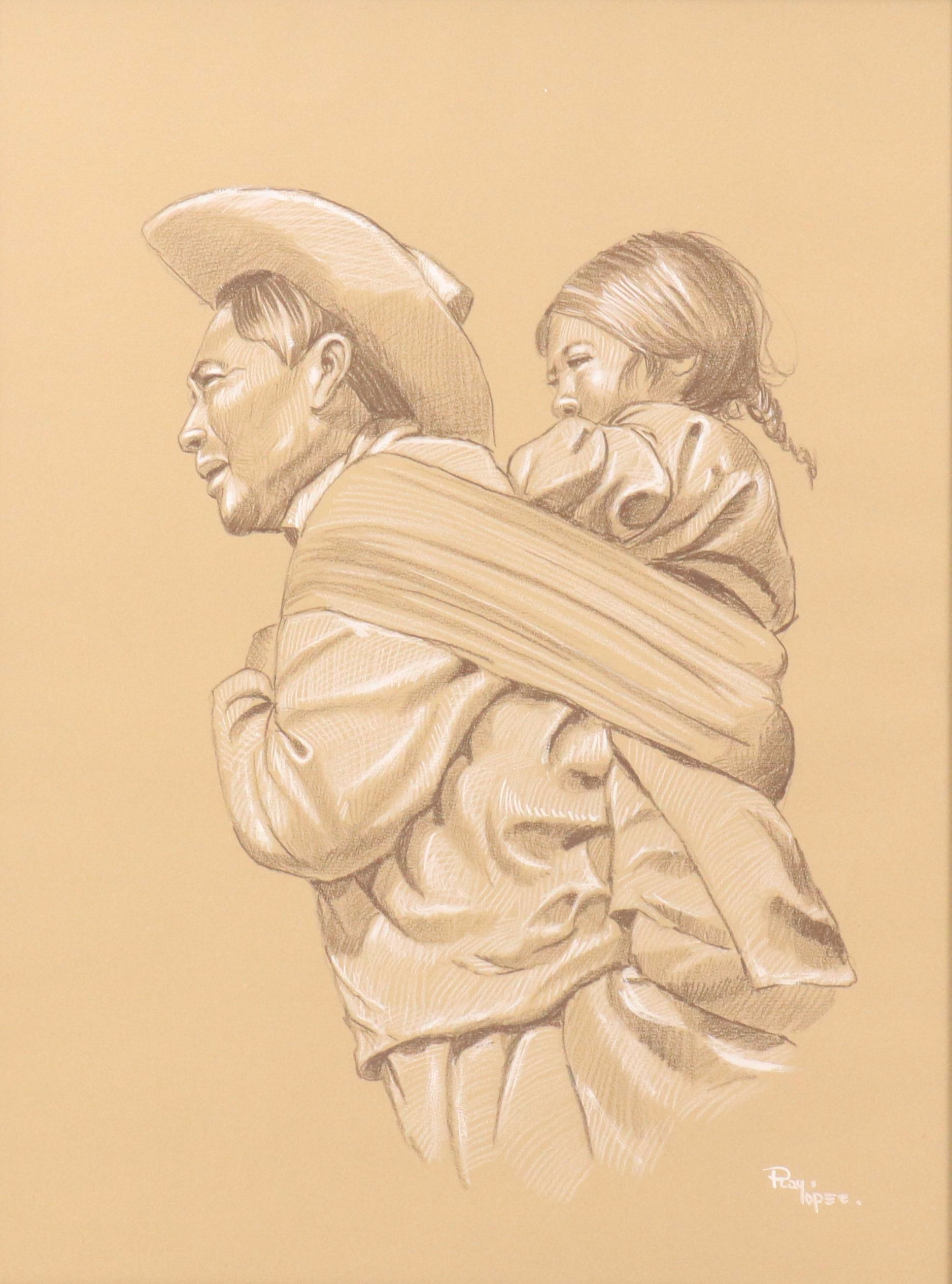 Ray Lopez Pastel Drawing of Father Carrying Child