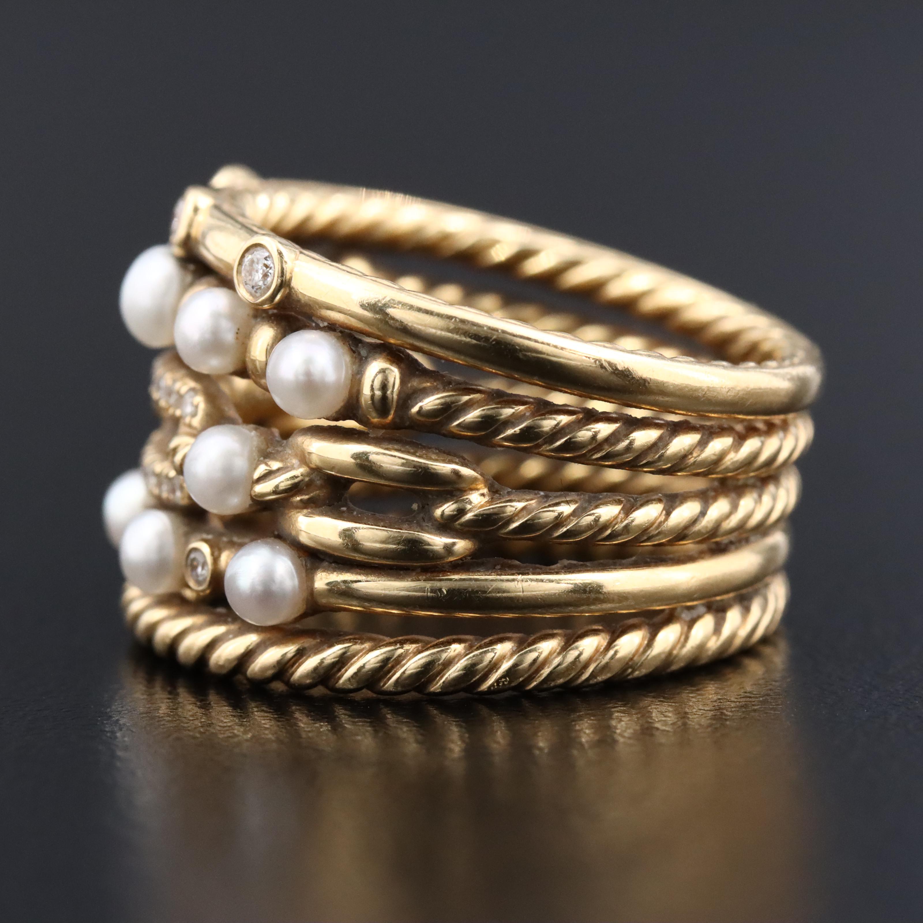 David Yurman Stax 18K Pearl and Diamond Ring