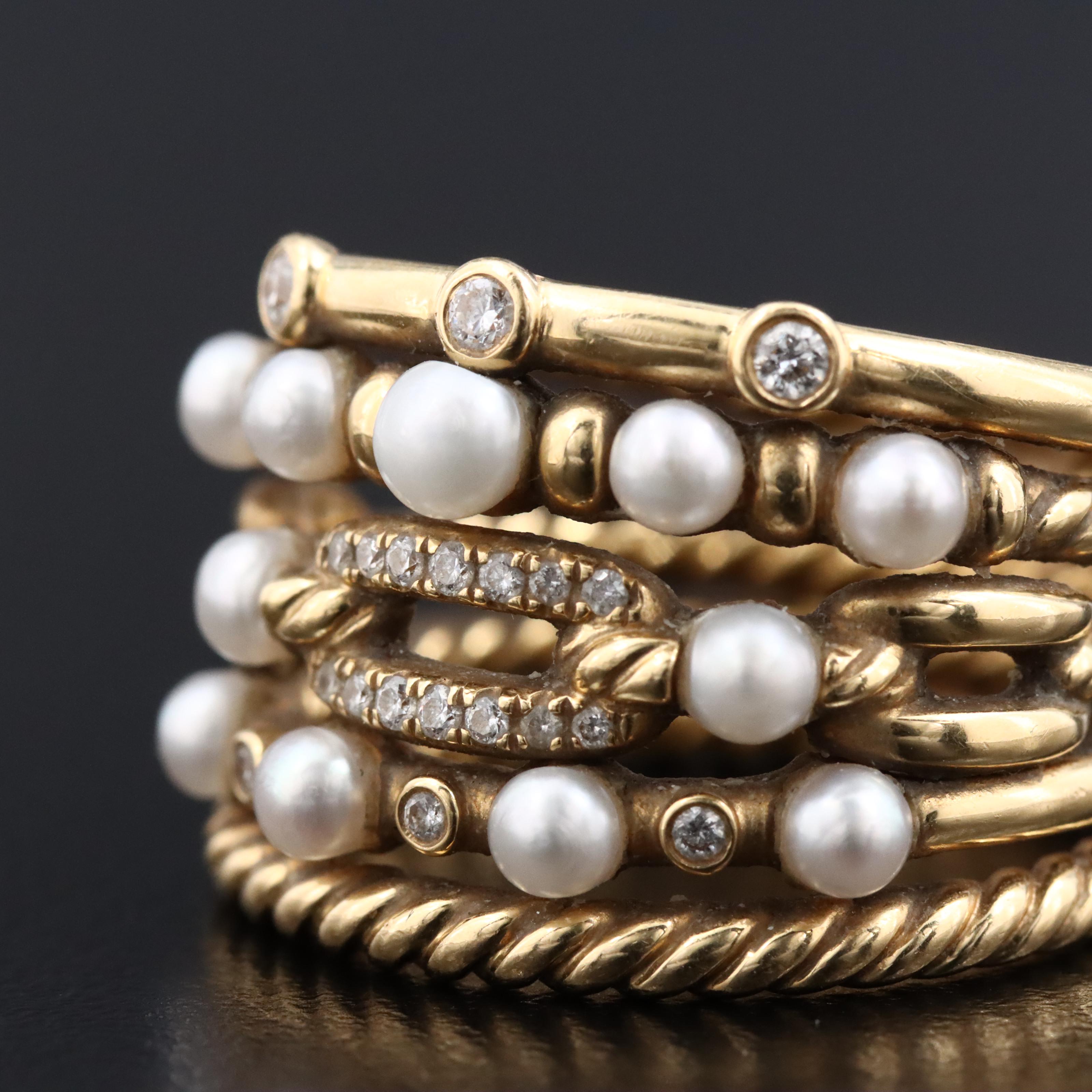 David Yurman Stax 18K Pearl and Diamond Ring