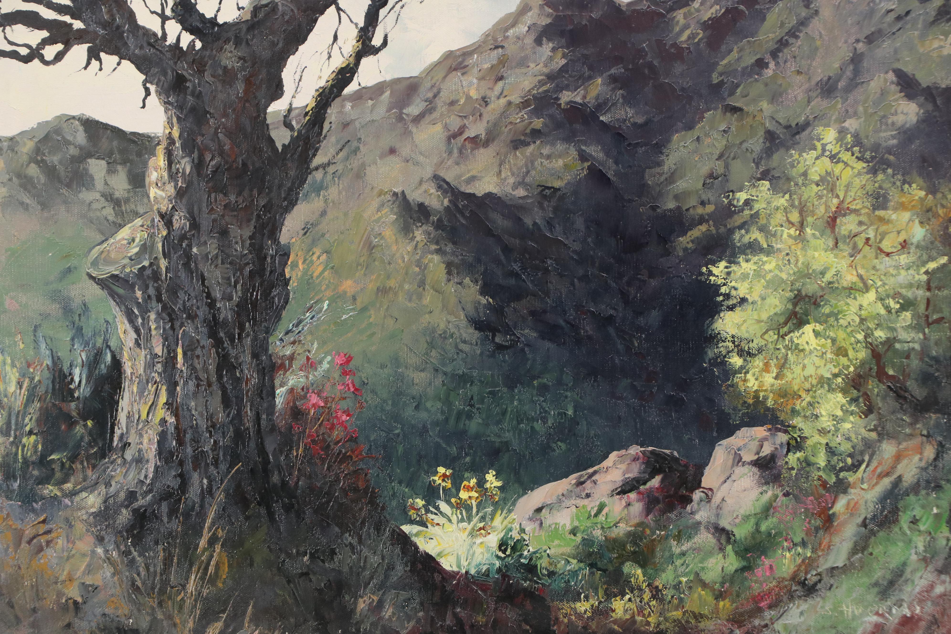 S. Huermas Landscape Impasto Oil Painting of Craggy Mountainside Tree