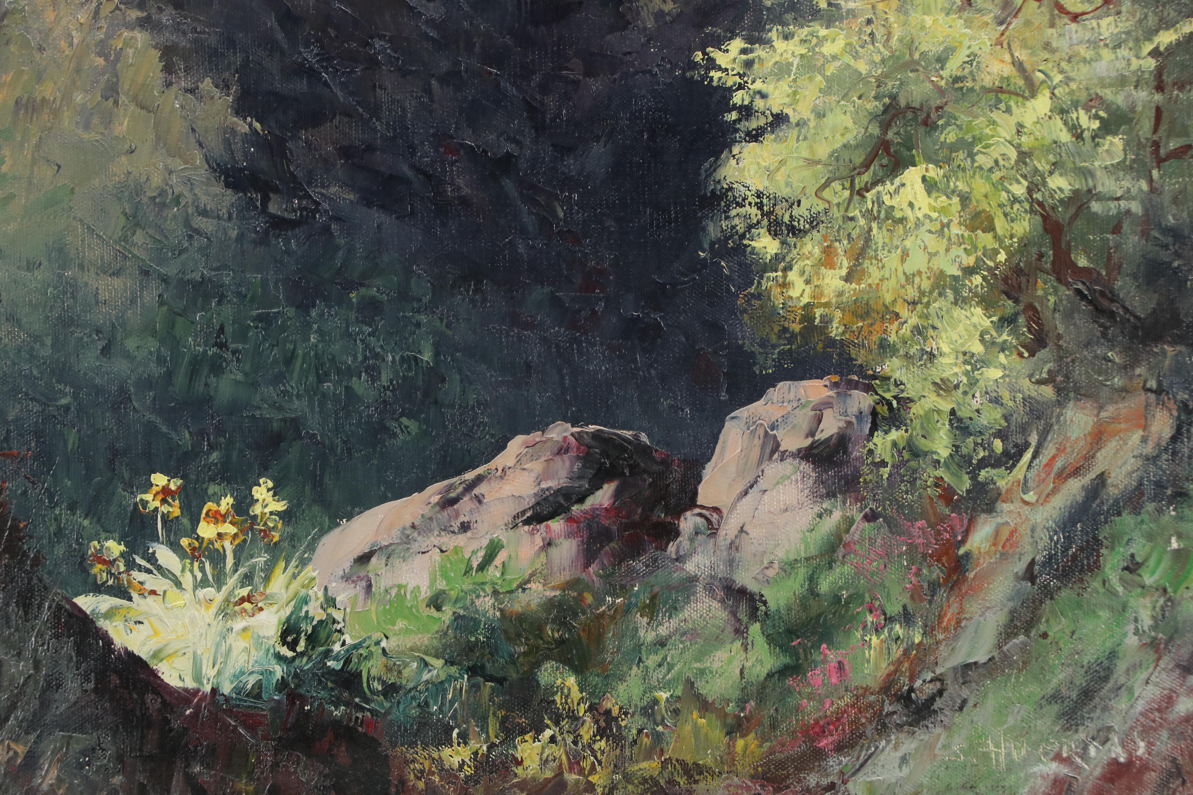 S. Huermas Landscape Impasto Oil Painting of Craggy Mountainside Tree