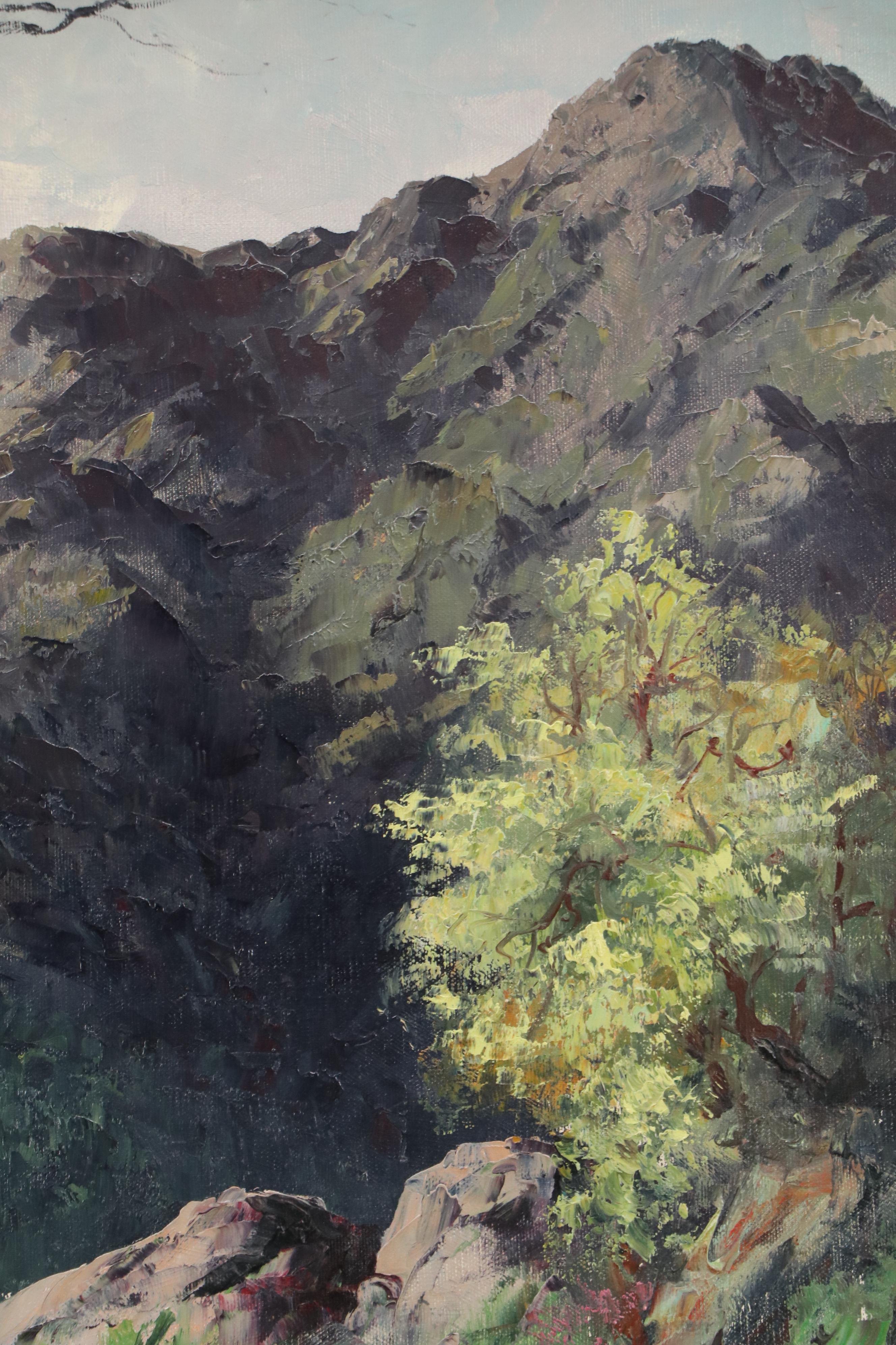 S. Huermas Landscape Impasto Oil Painting of Craggy Mountainside Tree