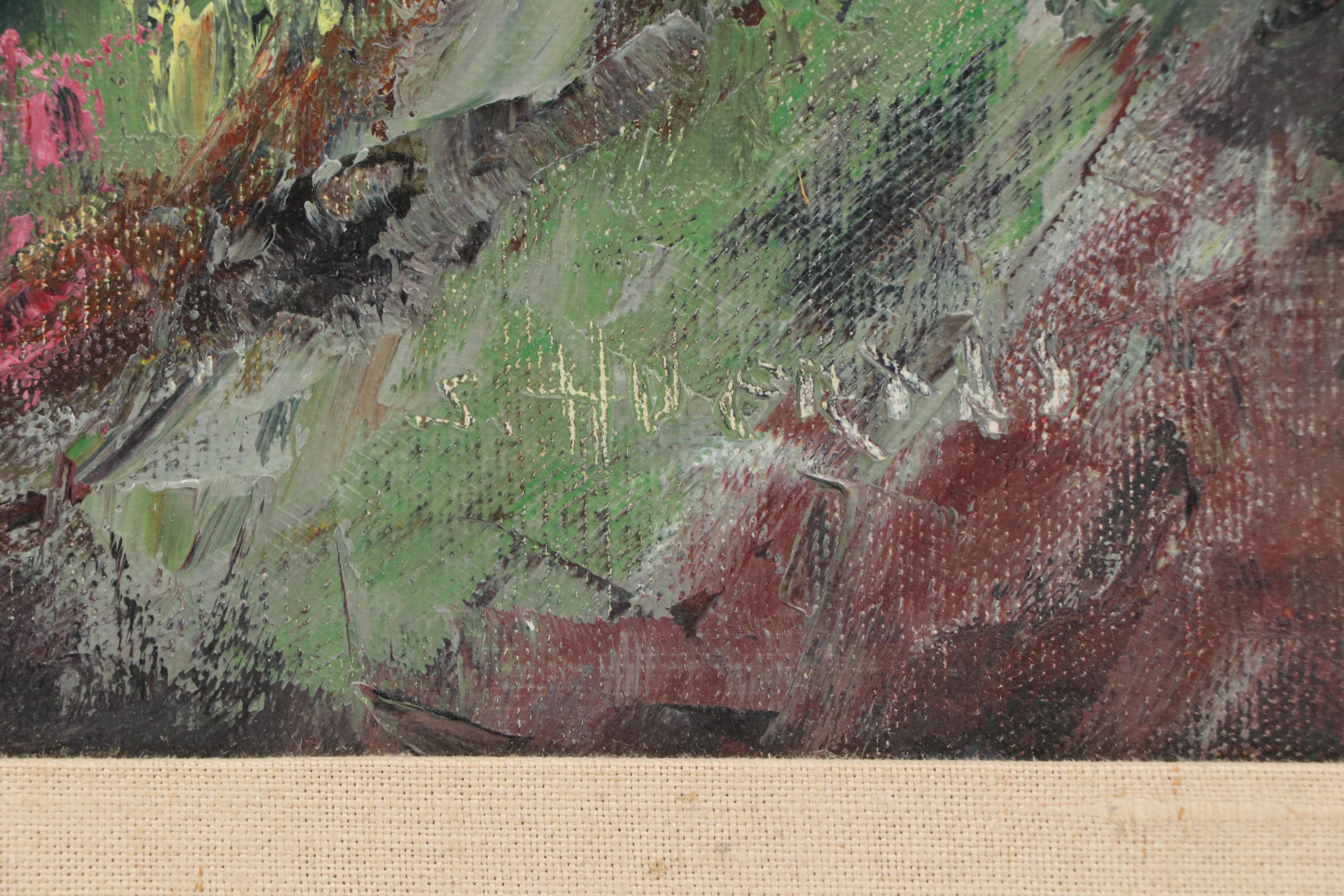 S. Huermas Landscape Impasto Oil Painting of Craggy Mountainside Tree