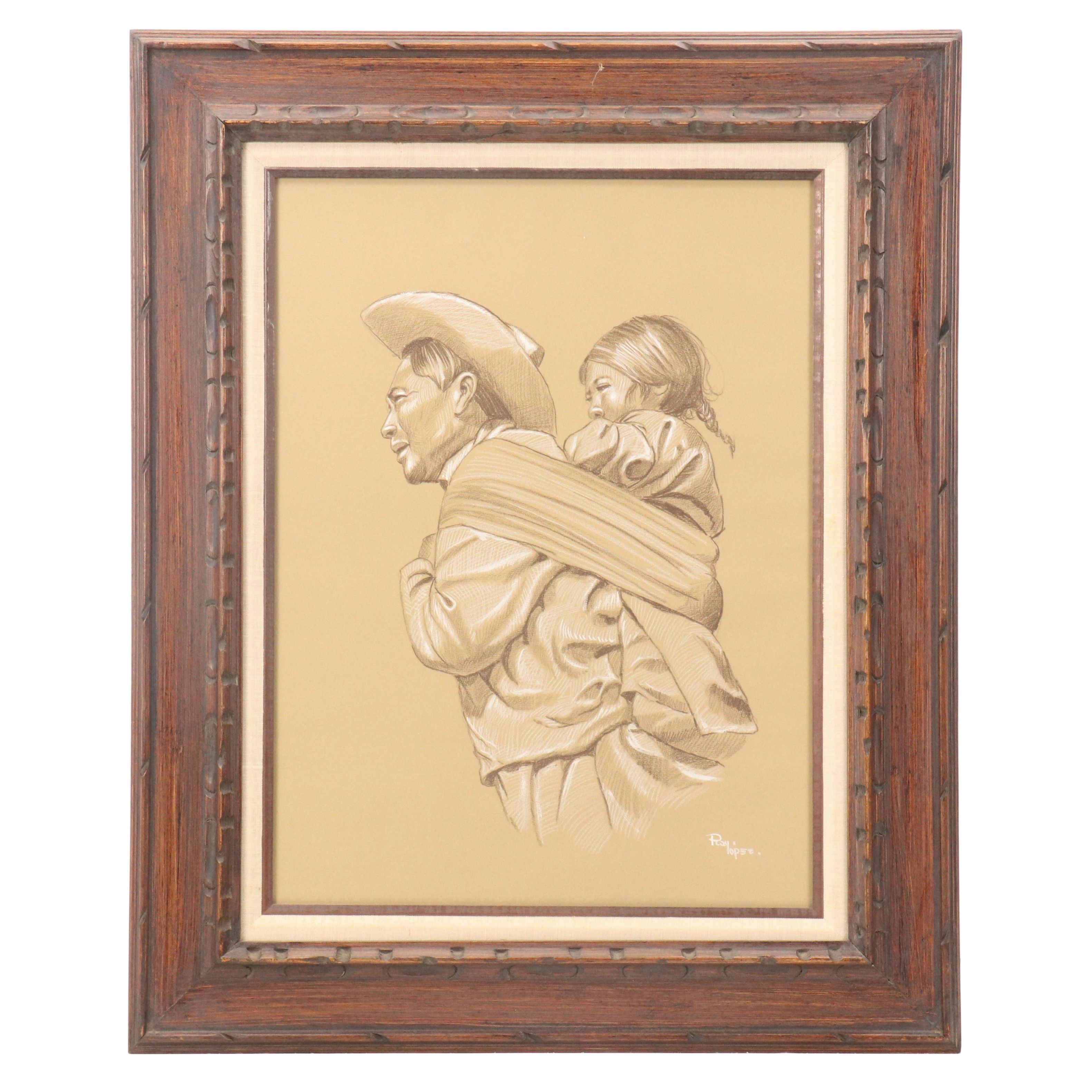 Ray Lopez Pastel Drawing of Father Carrying Child