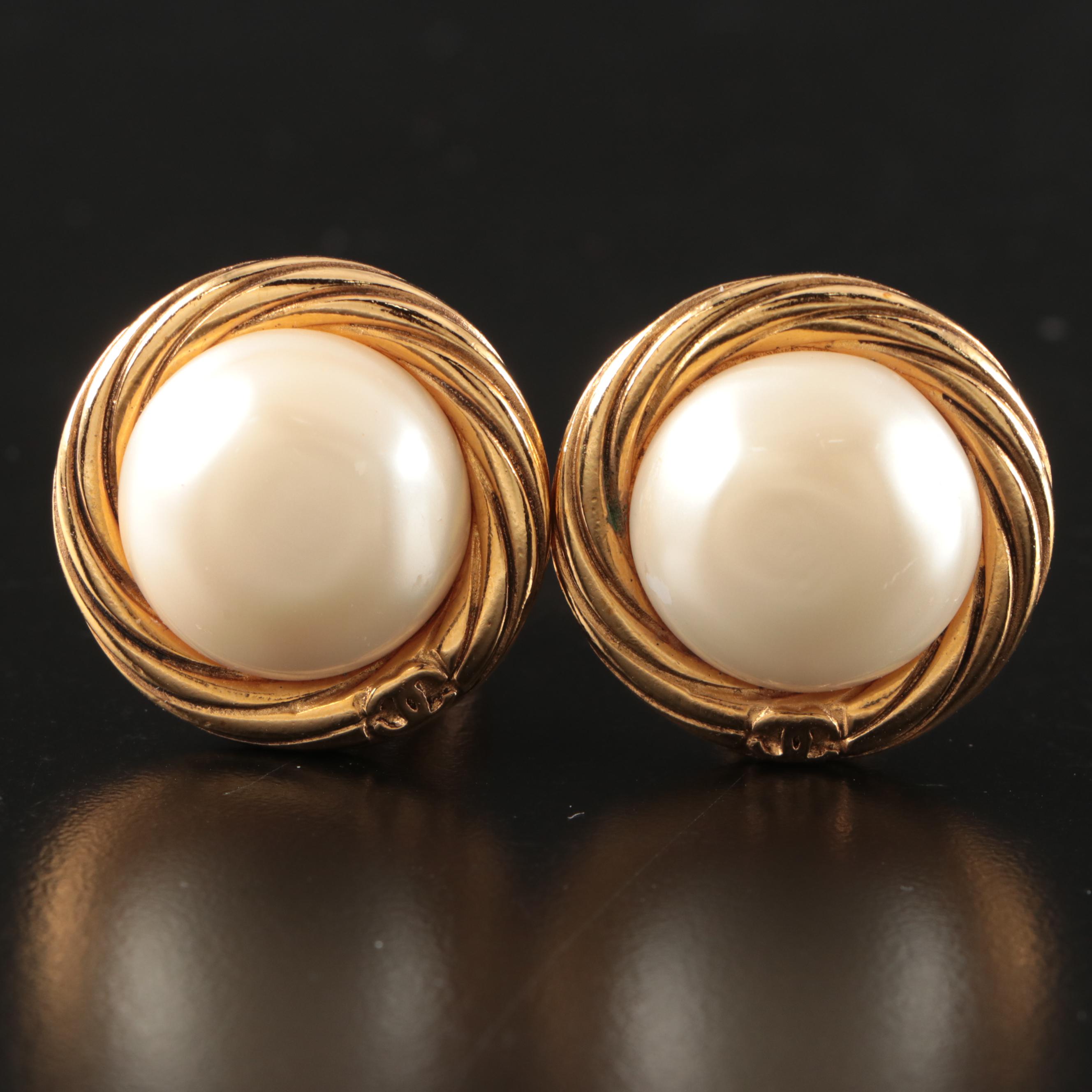 Chanel Imitation Pearl Round Clip Earrings