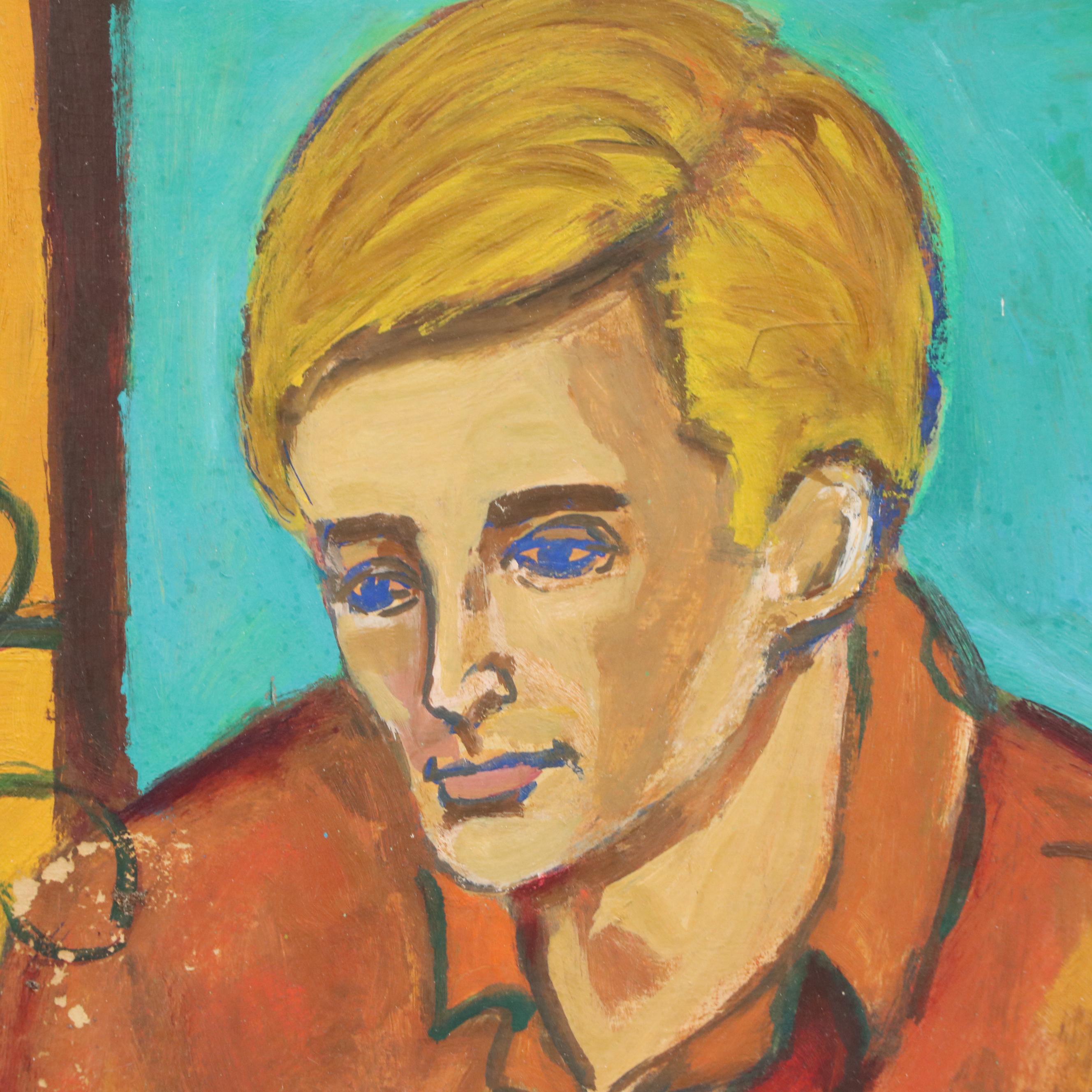 Fauvist Portrait Mixed Media Painting on Board of Youth Inside with Plants