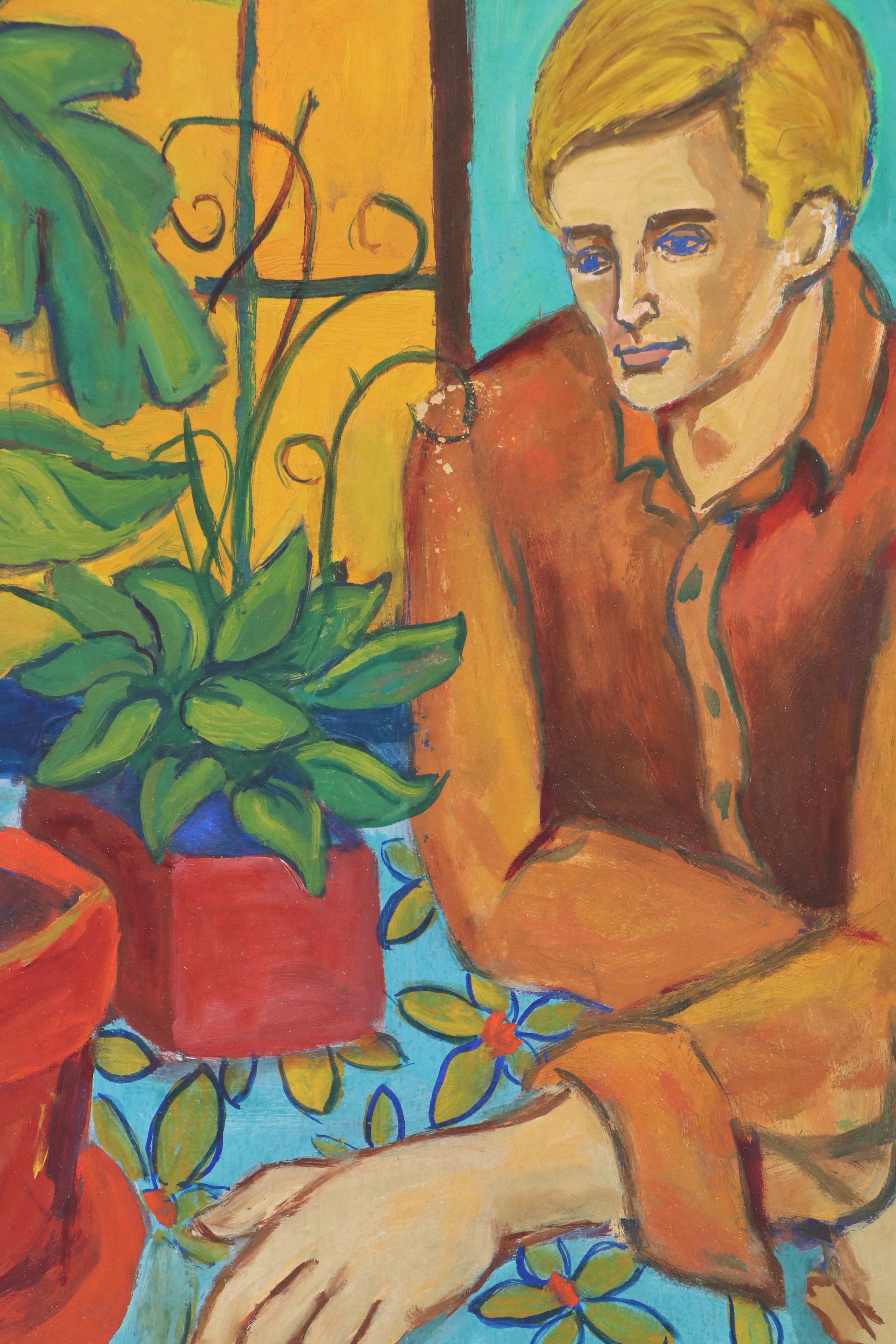 Fauvist Portrait Mixed Media Painting on Board of Youth Inside with Plants