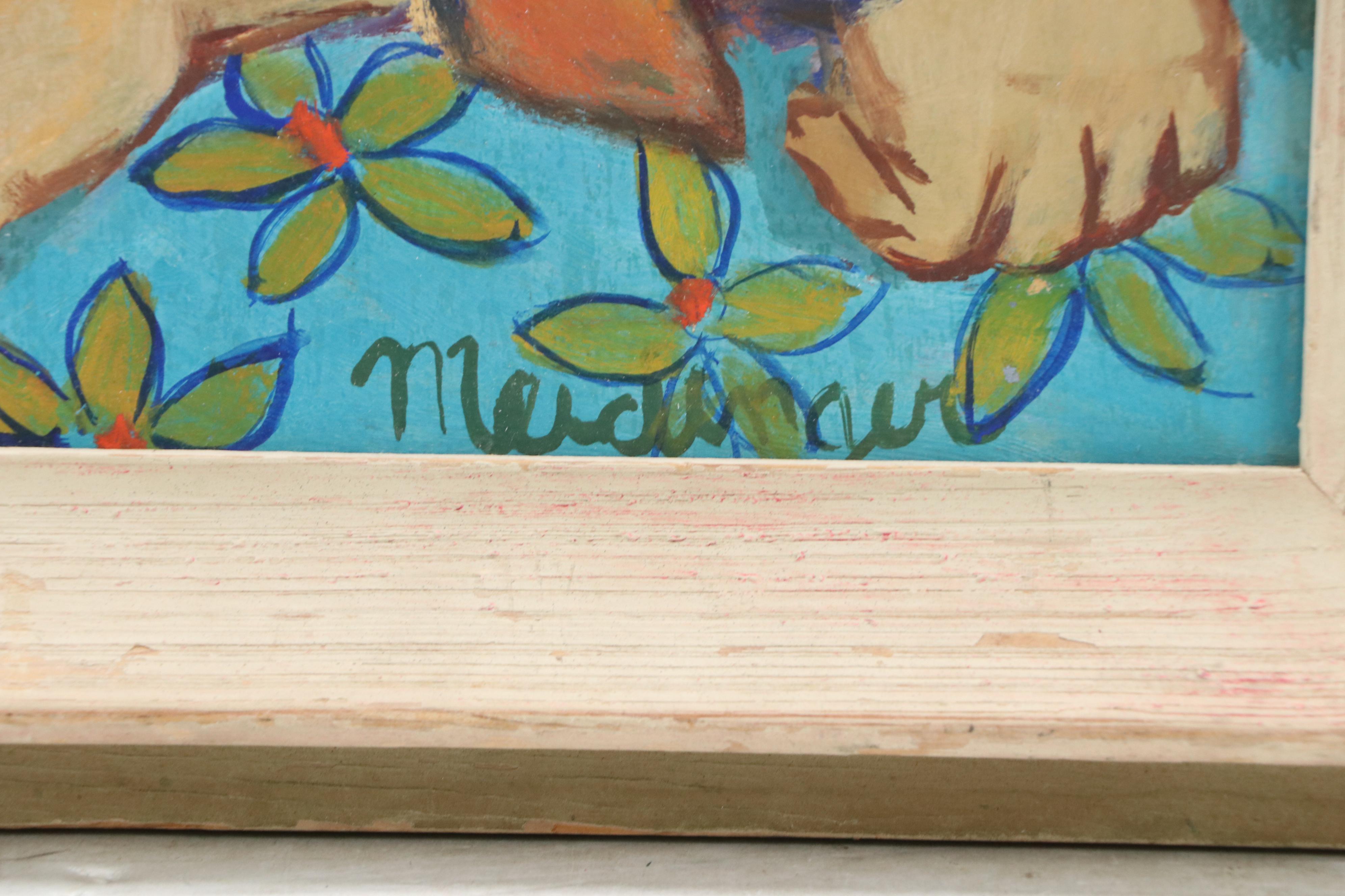 Fauvist Portrait Mixed Media Painting on Board of Youth Inside with Plants