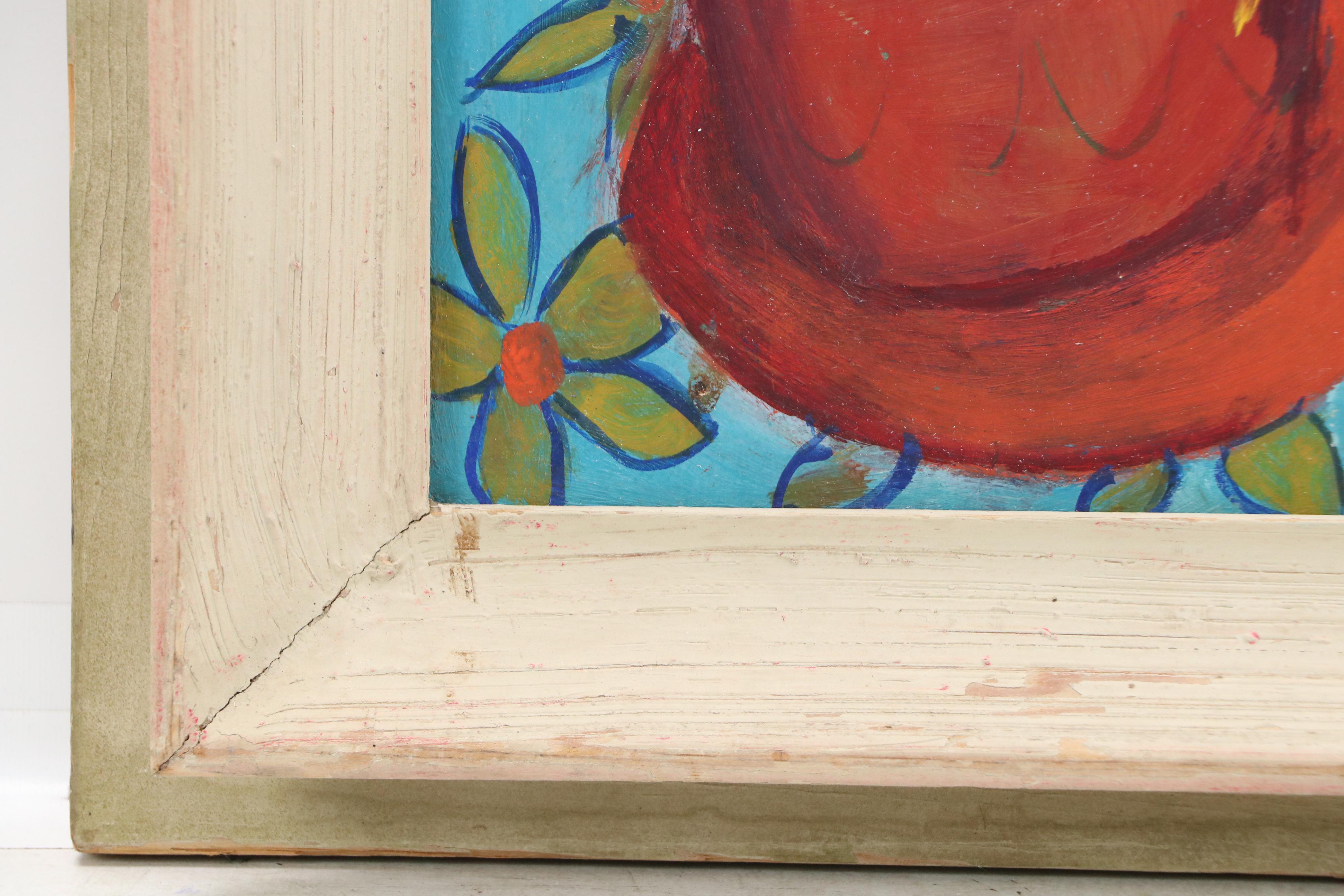 Fauvist Portrait Mixed Media Painting on Board of Youth Inside with Plants