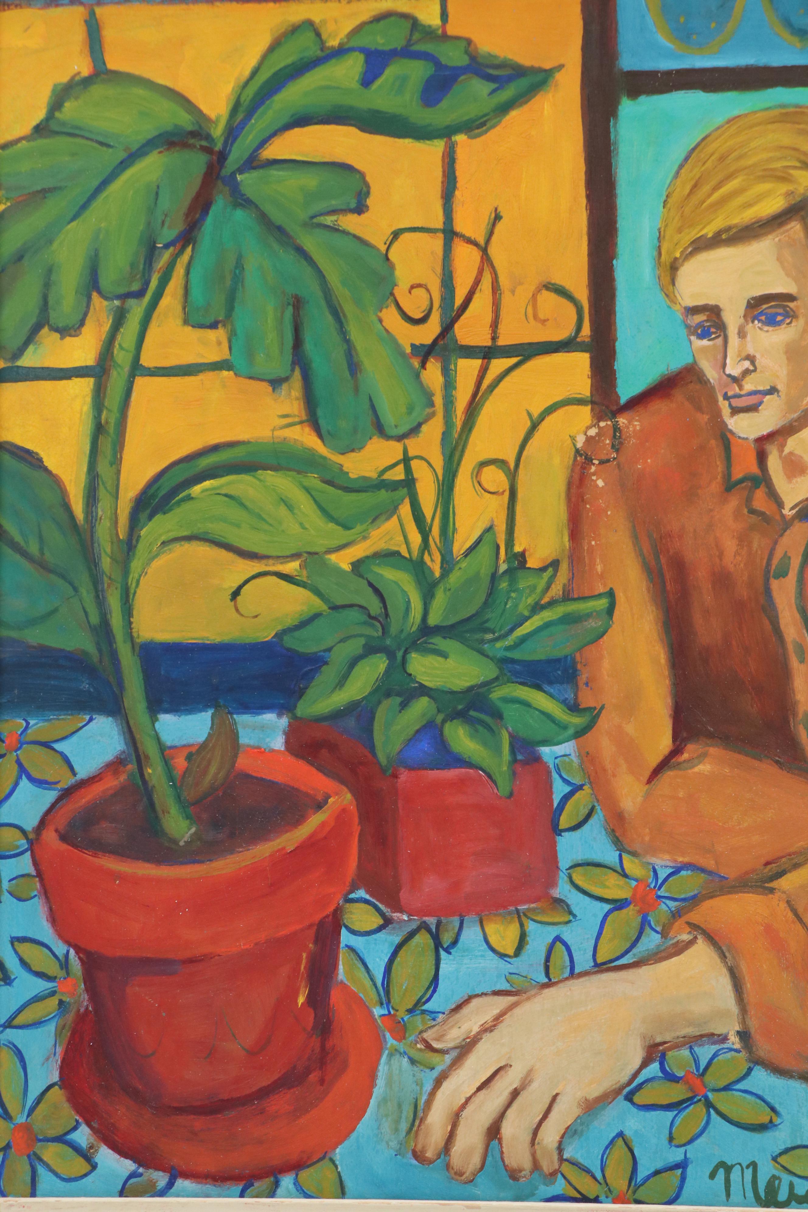Fauvist Portrait Mixed Media Painting on Board of Youth Inside with Plants