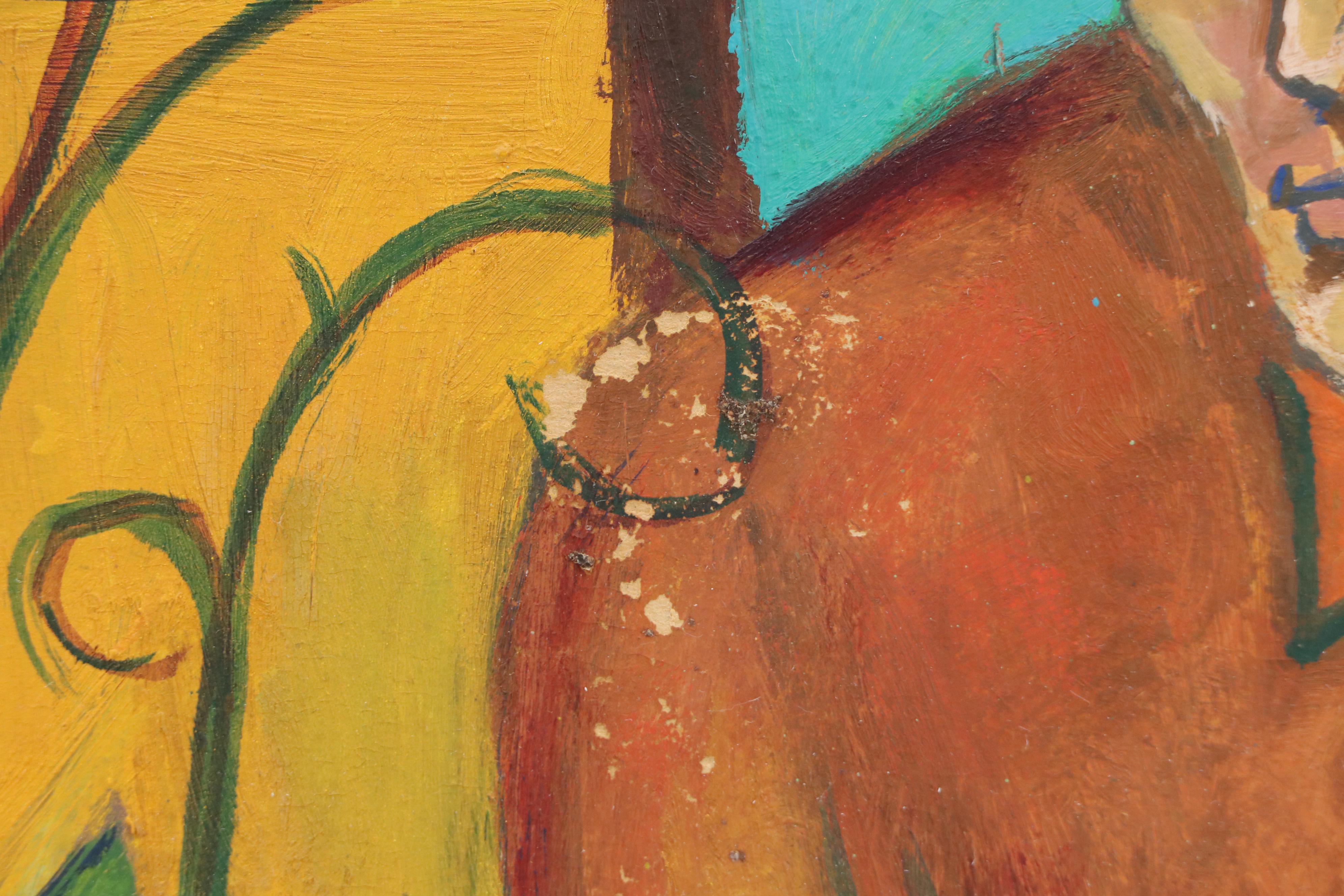 Fauvist Portrait Mixed Media Painting on Board of Youth Inside with Plants