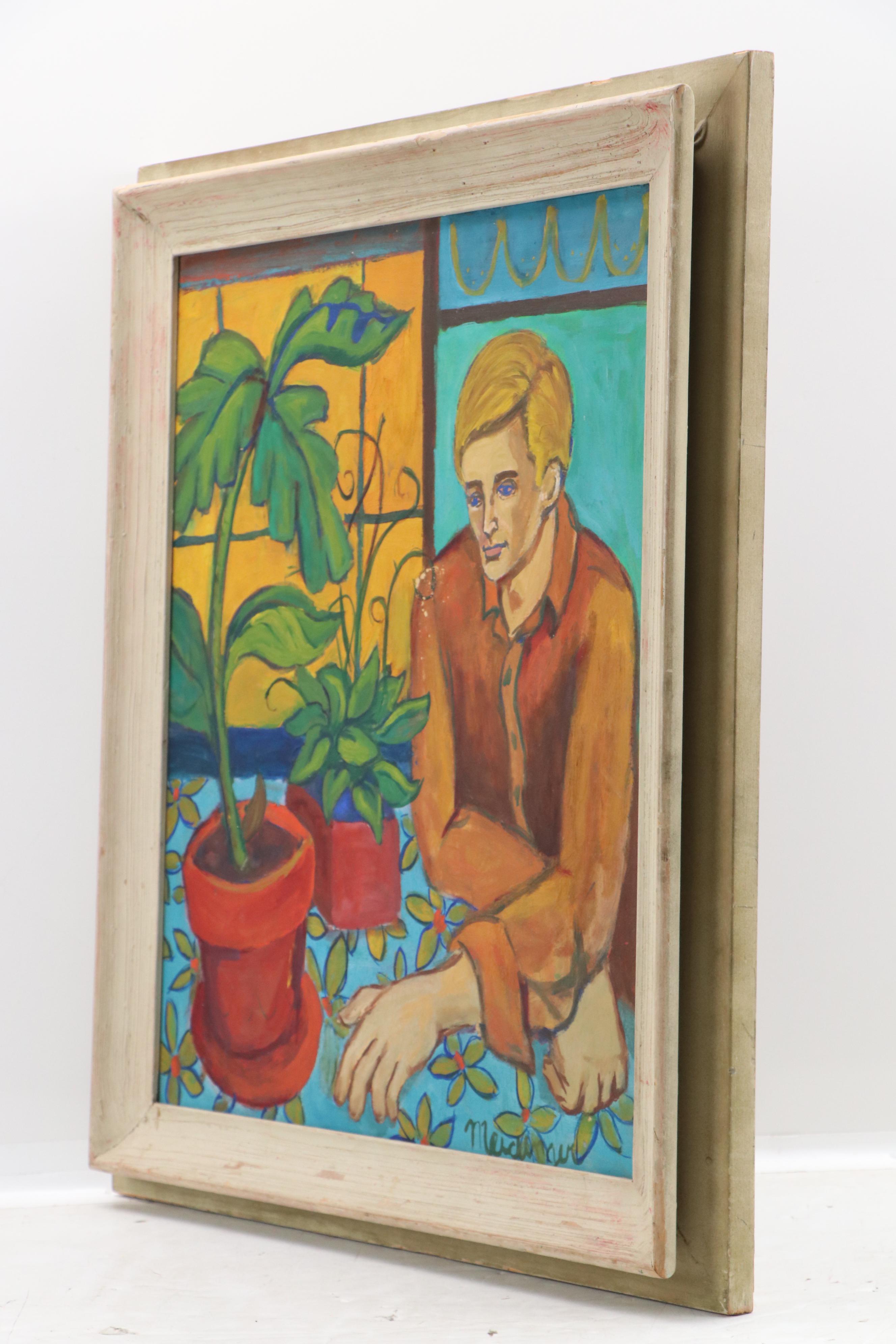 Fauvist Portrait Mixed Media Painting on Board of Youth Inside with Plants