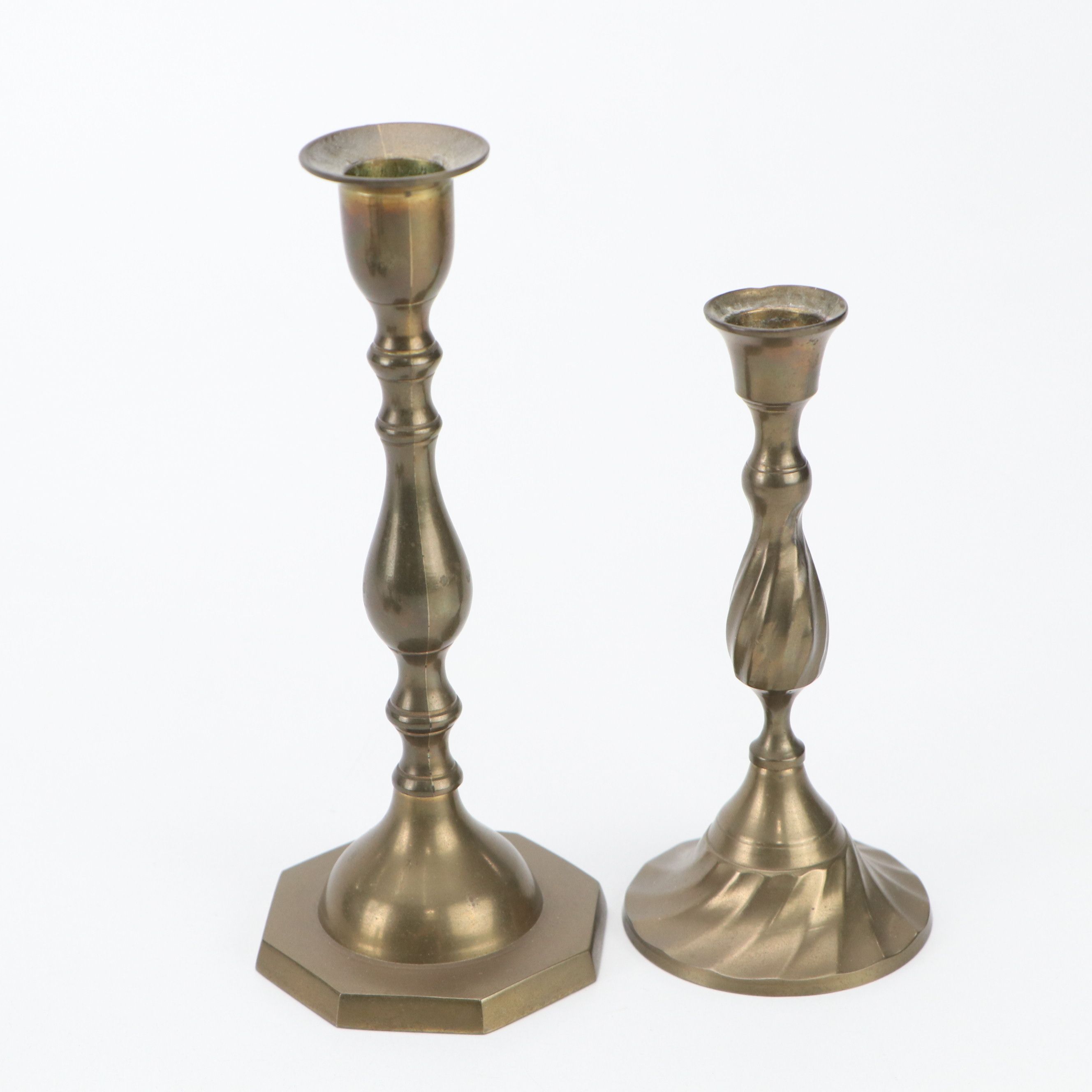Cast Brass and Glass Candlesticks, Chamberstick with Candle Snuffer