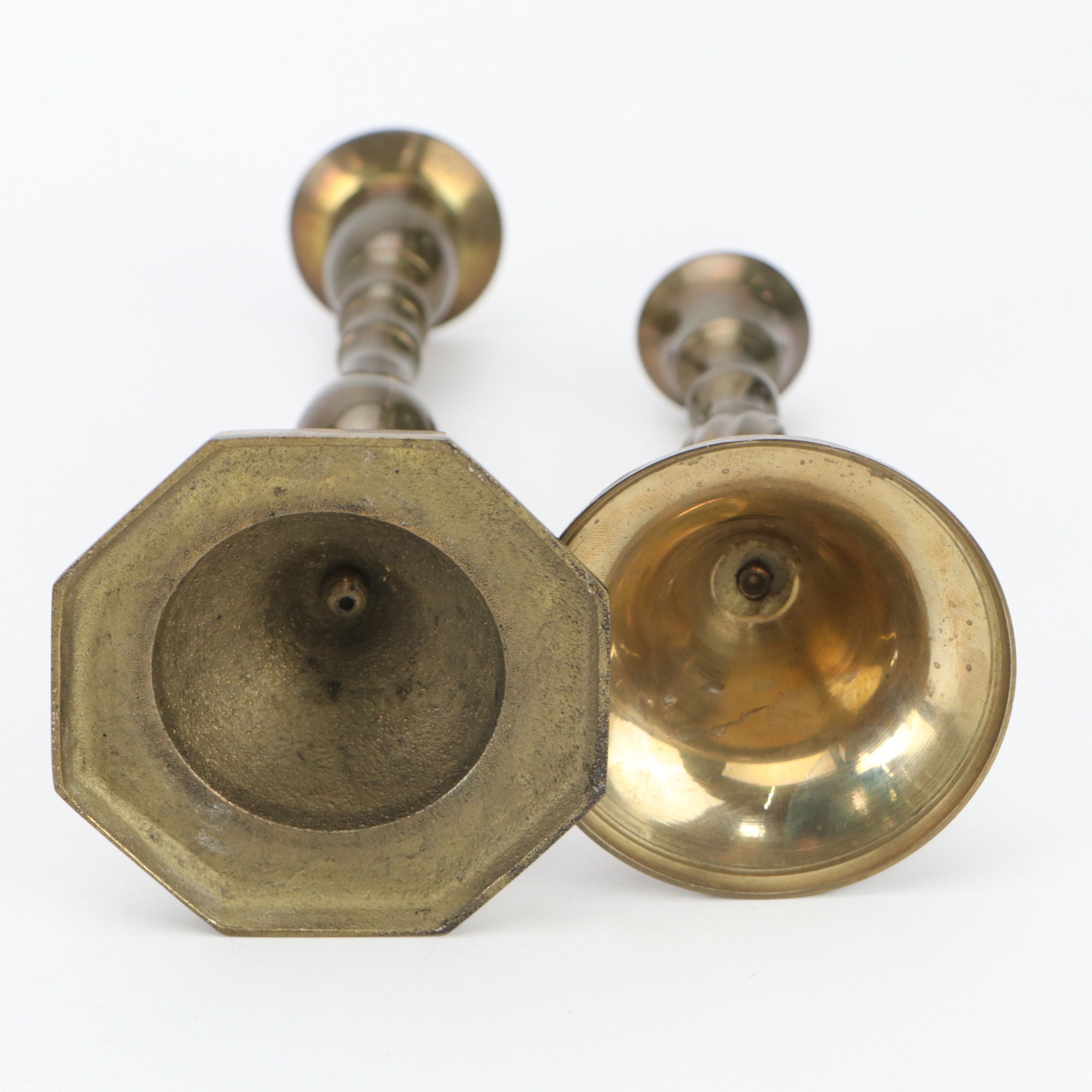Cast Brass and Glass Candlesticks, Chamberstick with Candle Snuffer