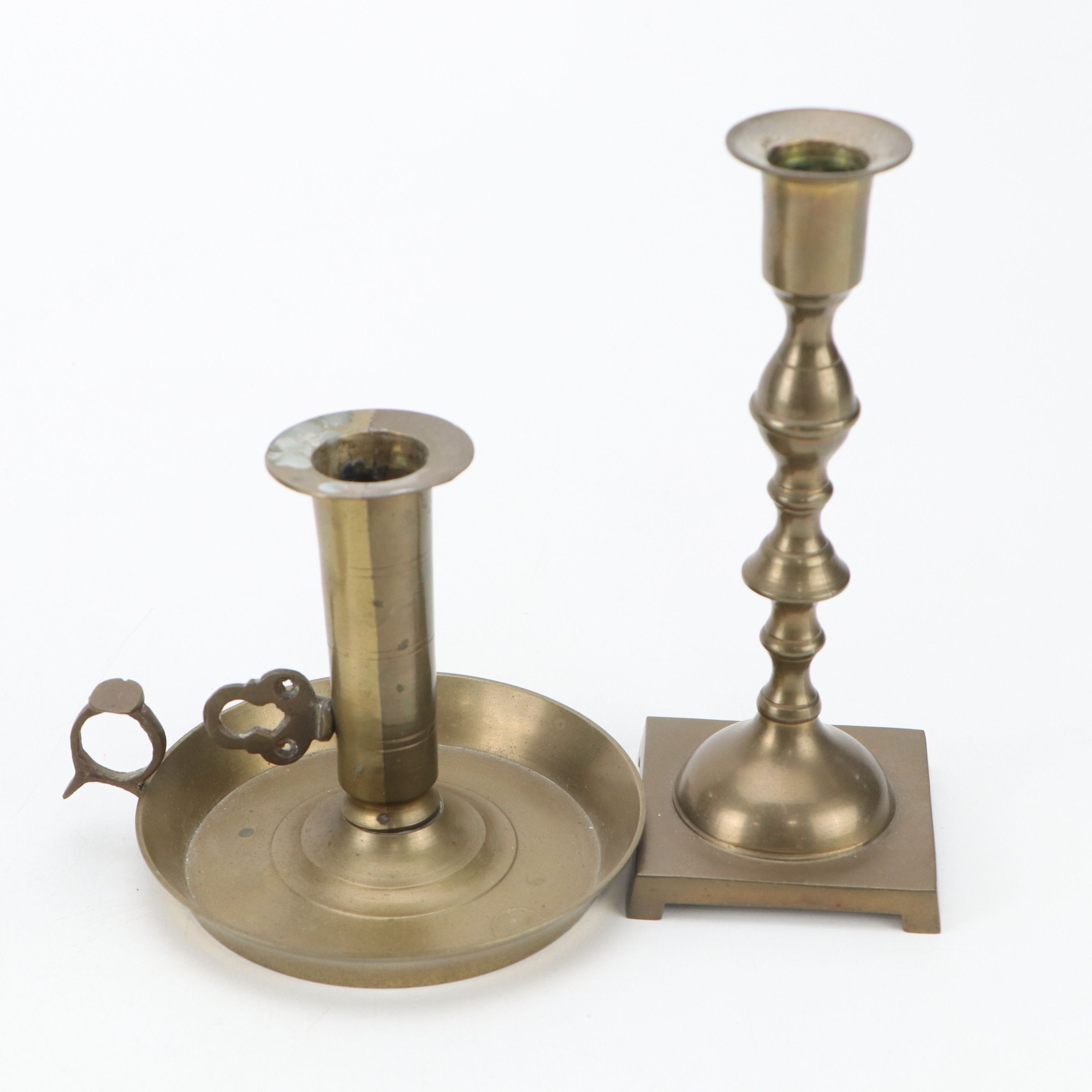 Cast Brass and Glass Candlesticks, Chamberstick with Candle Snuffer