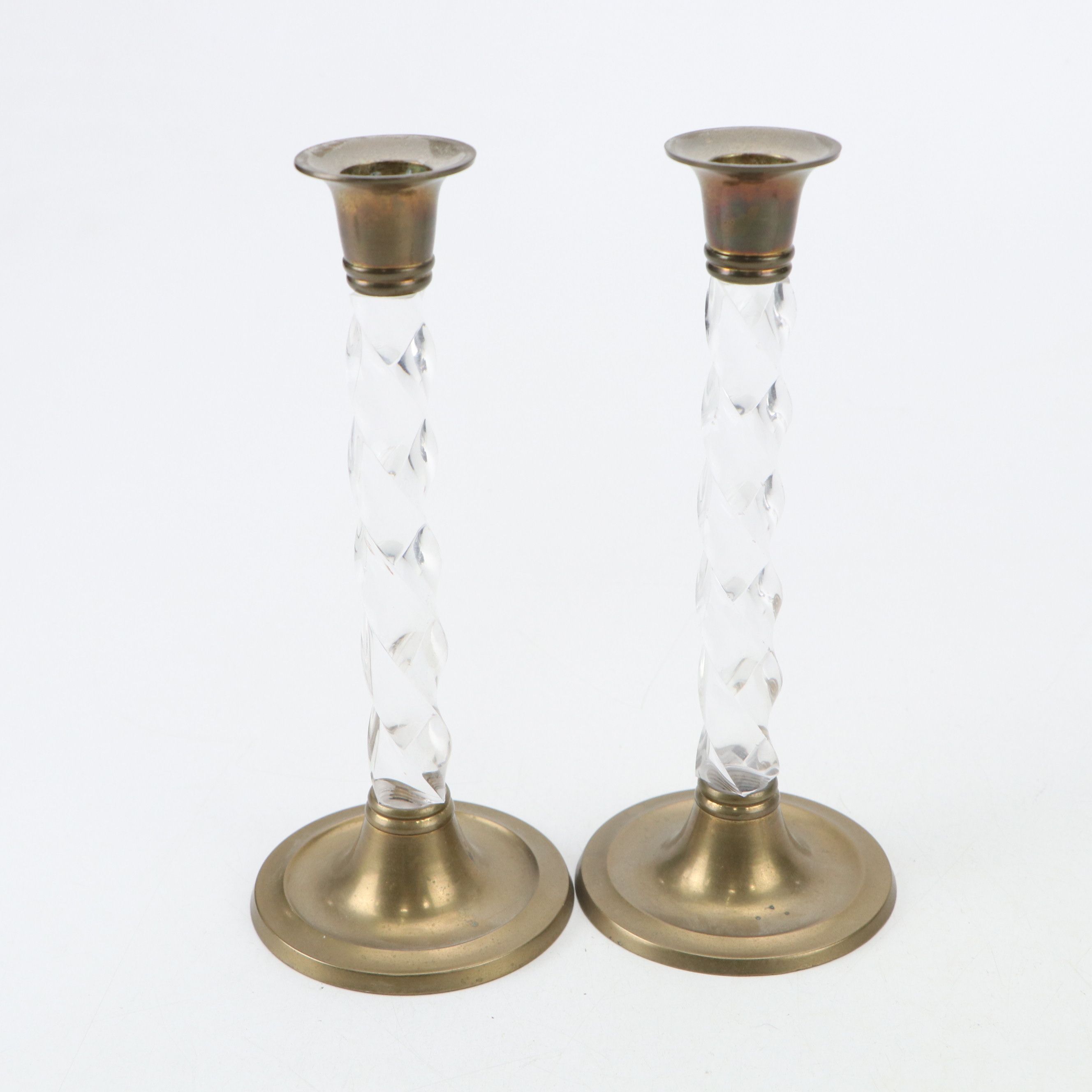 Cast Brass and Glass Candlesticks, Chamberstick with Candle Snuffer