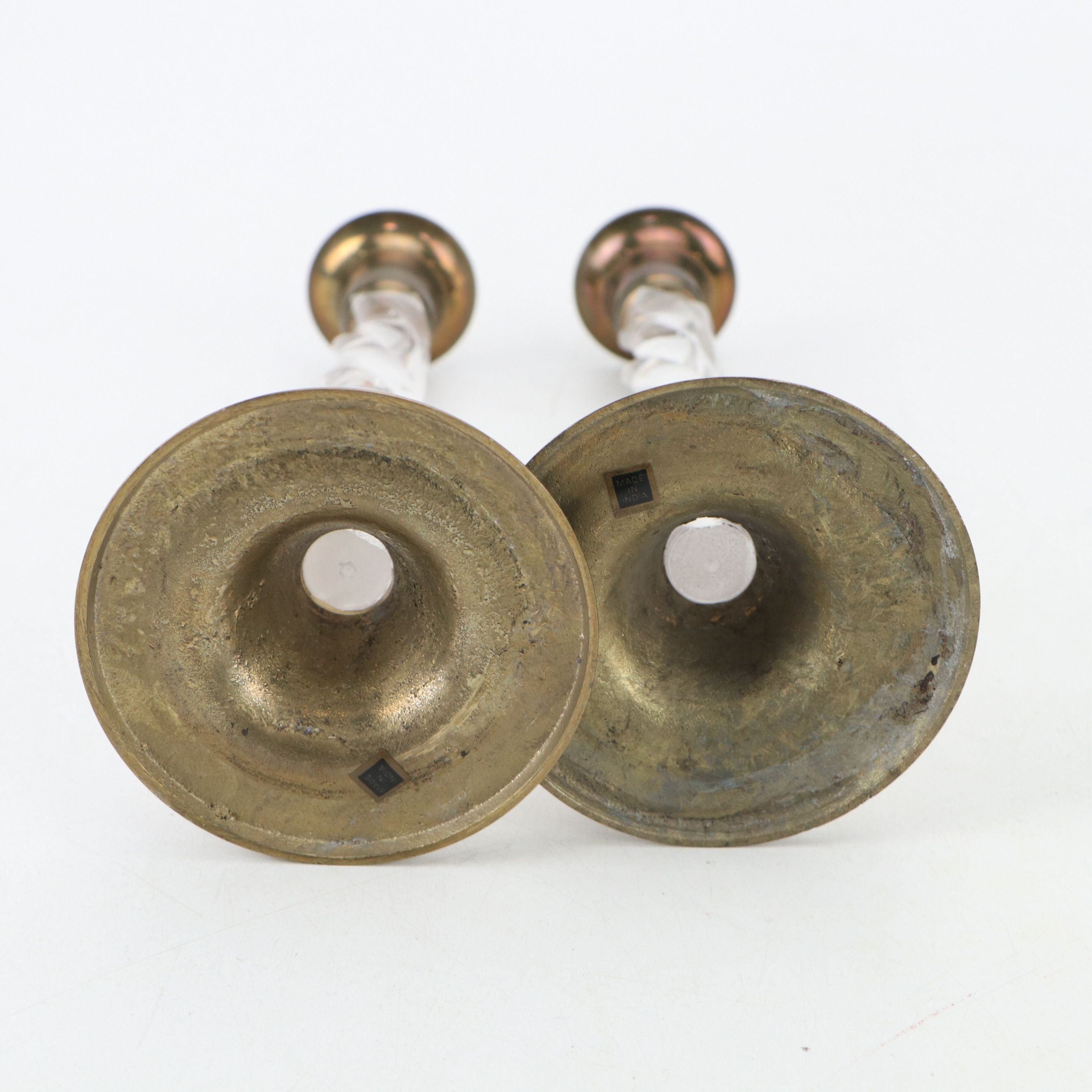 Cast Brass and Glass Candlesticks, Chamberstick with Candle Snuffer