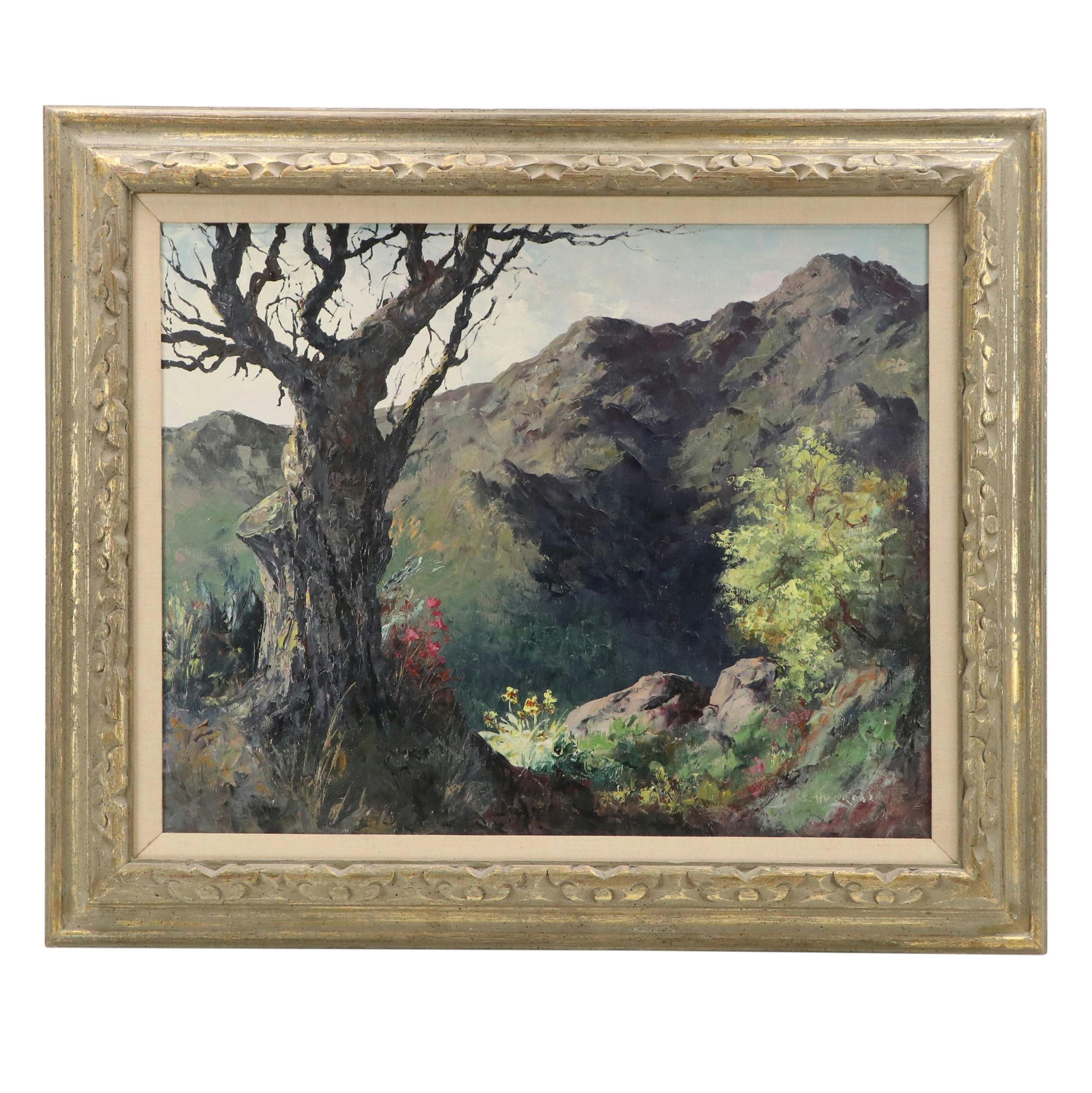 S. Huermas Landscape Impasto Oil Painting of Craggy Mountainside Tree