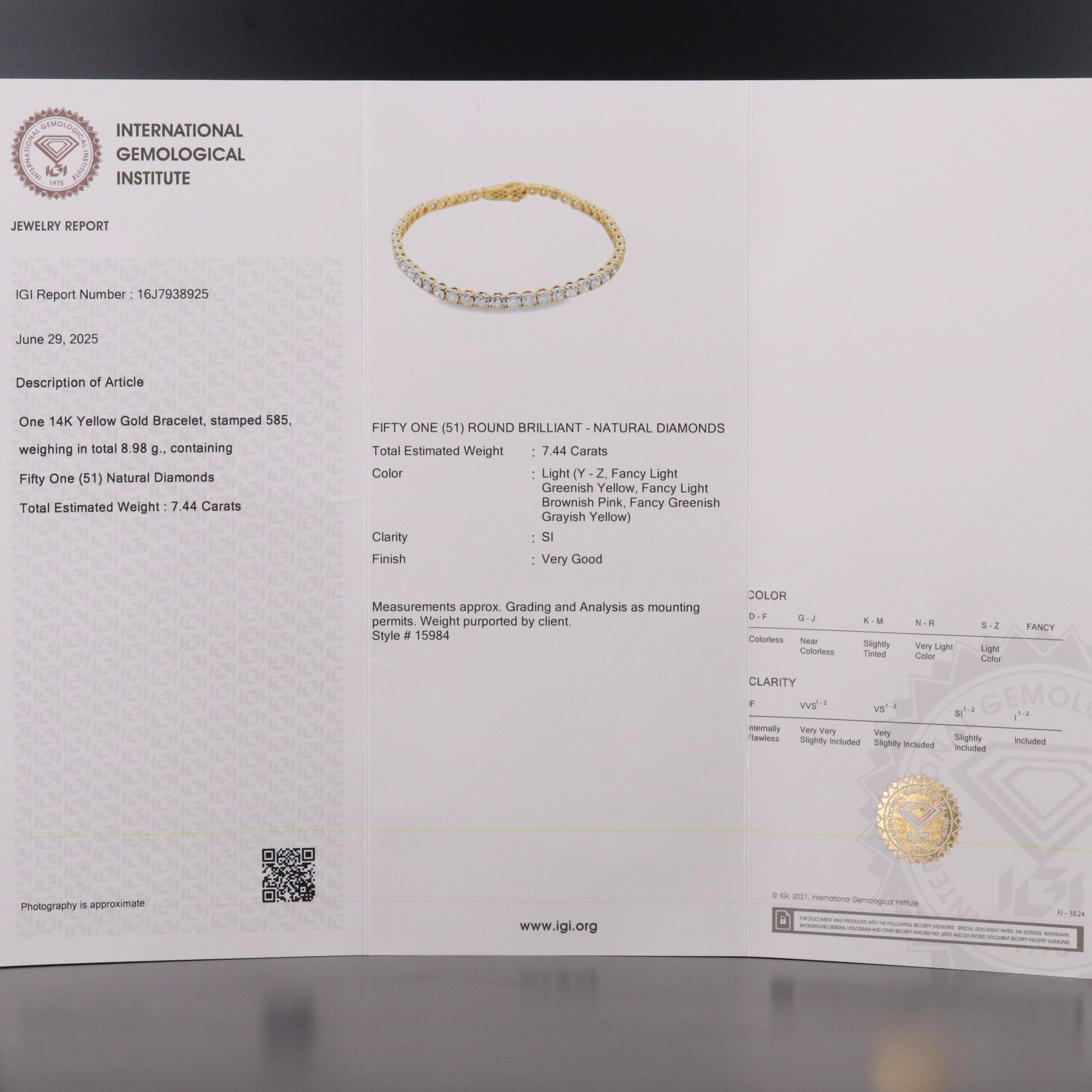 14K 7.44 CTW Diamond Line Bracelet with IGI Report