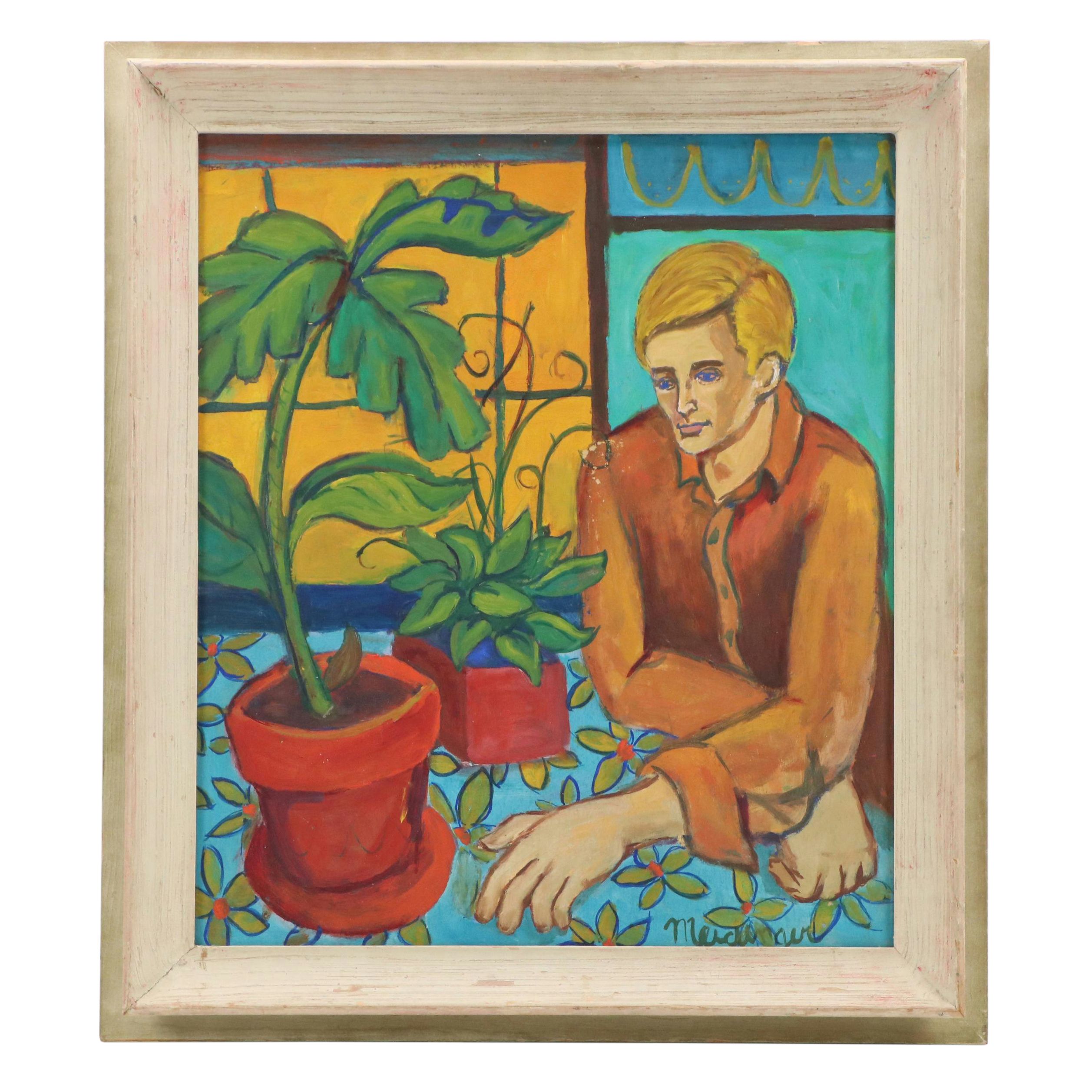Fauvist Portrait Mixed Media Painting on Board of Youth Inside with Plants