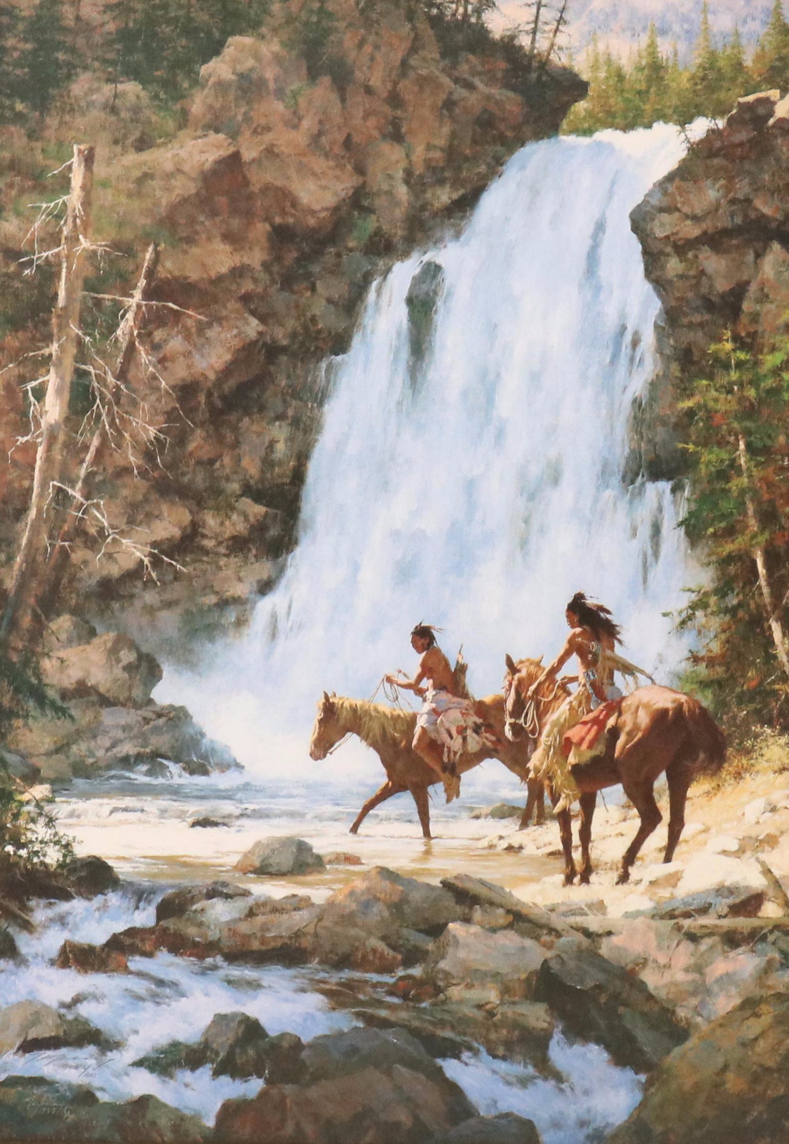 Howard Terpning Offset Lithograph "Crossing Below the Falls," 1996