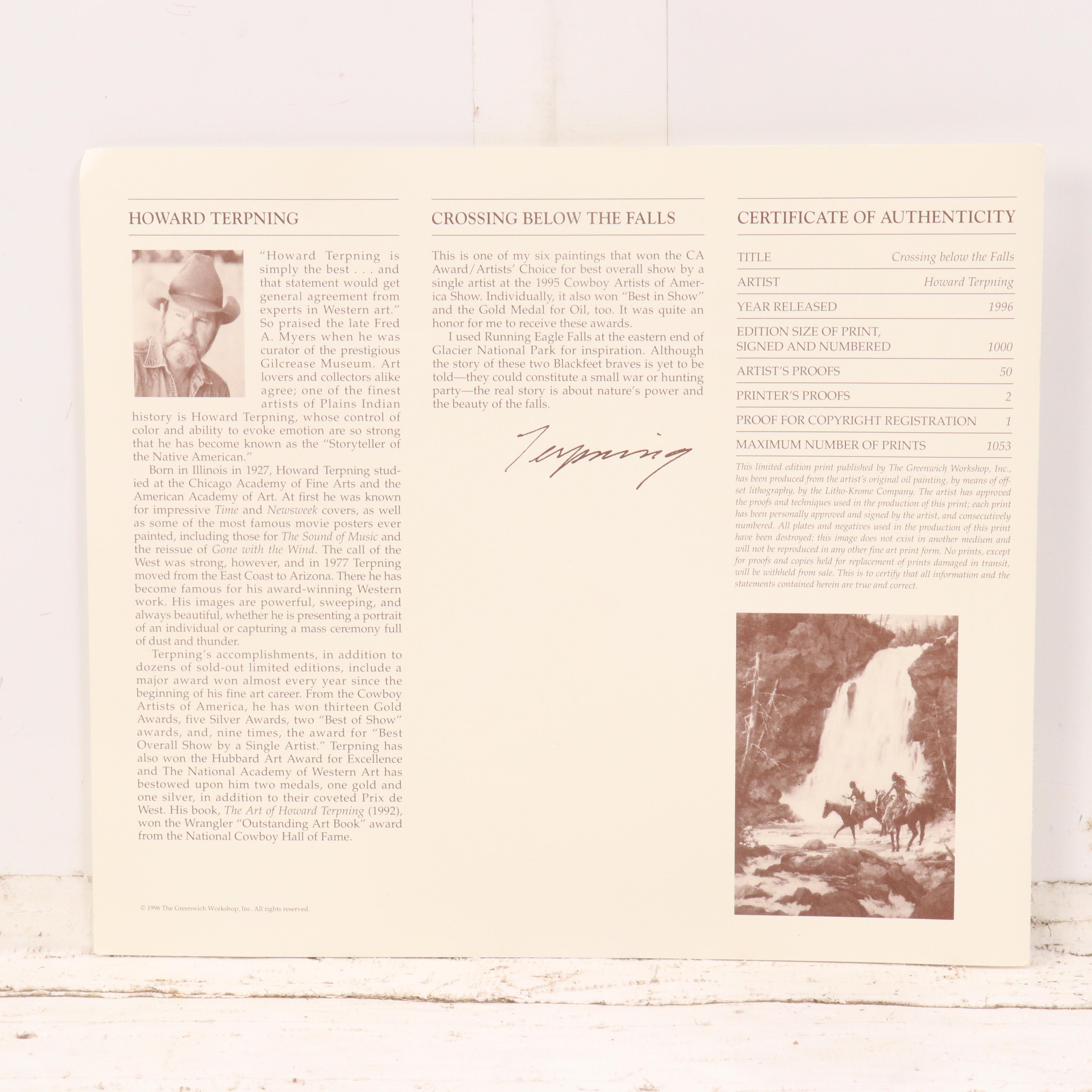 Howard Terpning Offset Lithograph "Crossing Below the Falls," 1996