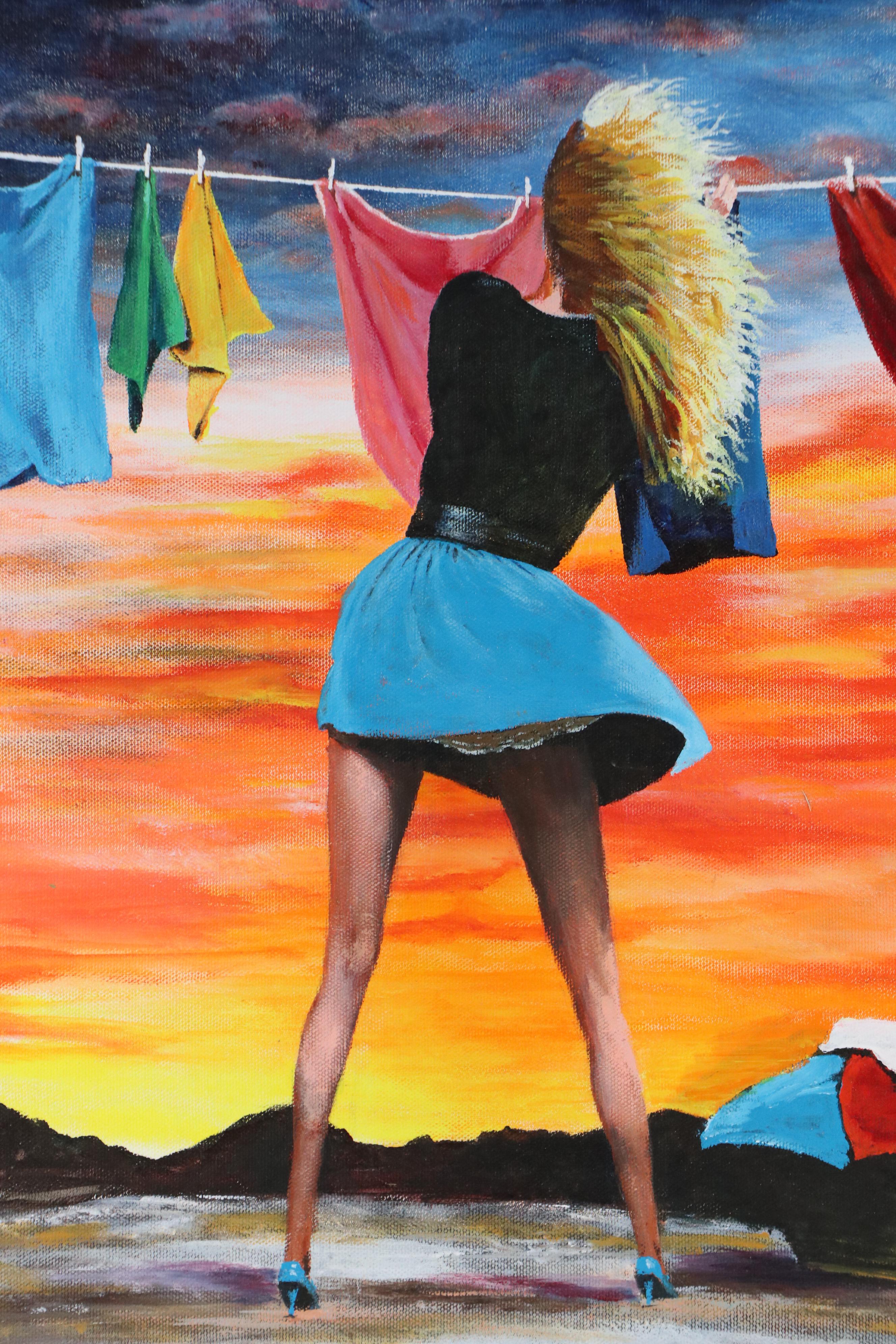 G. Parva Acrylic Painting of Windswept Woman Hanging Laundry