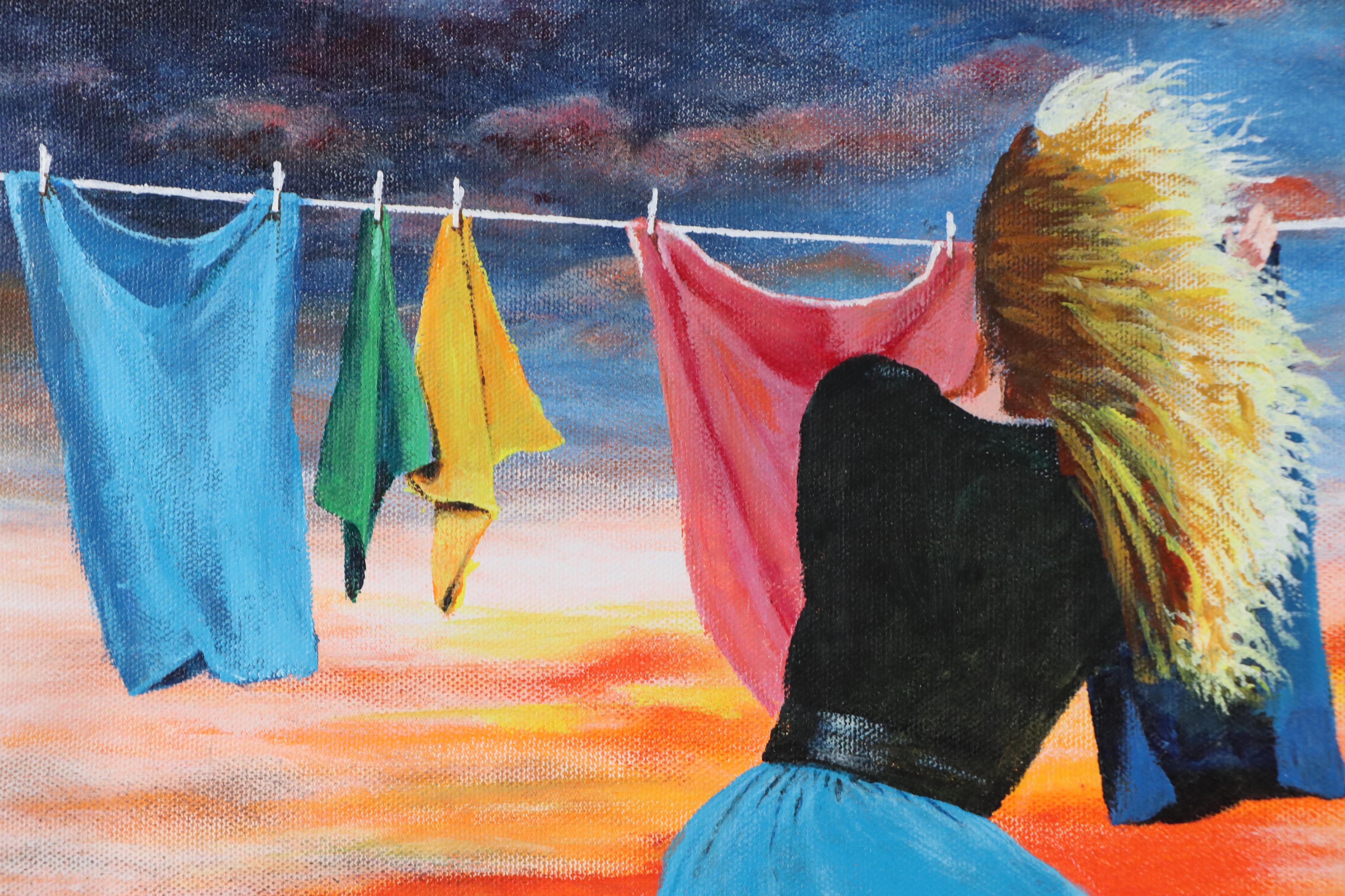 G. Parva Acrylic Painting of Windswept Woman Hanging Laundry