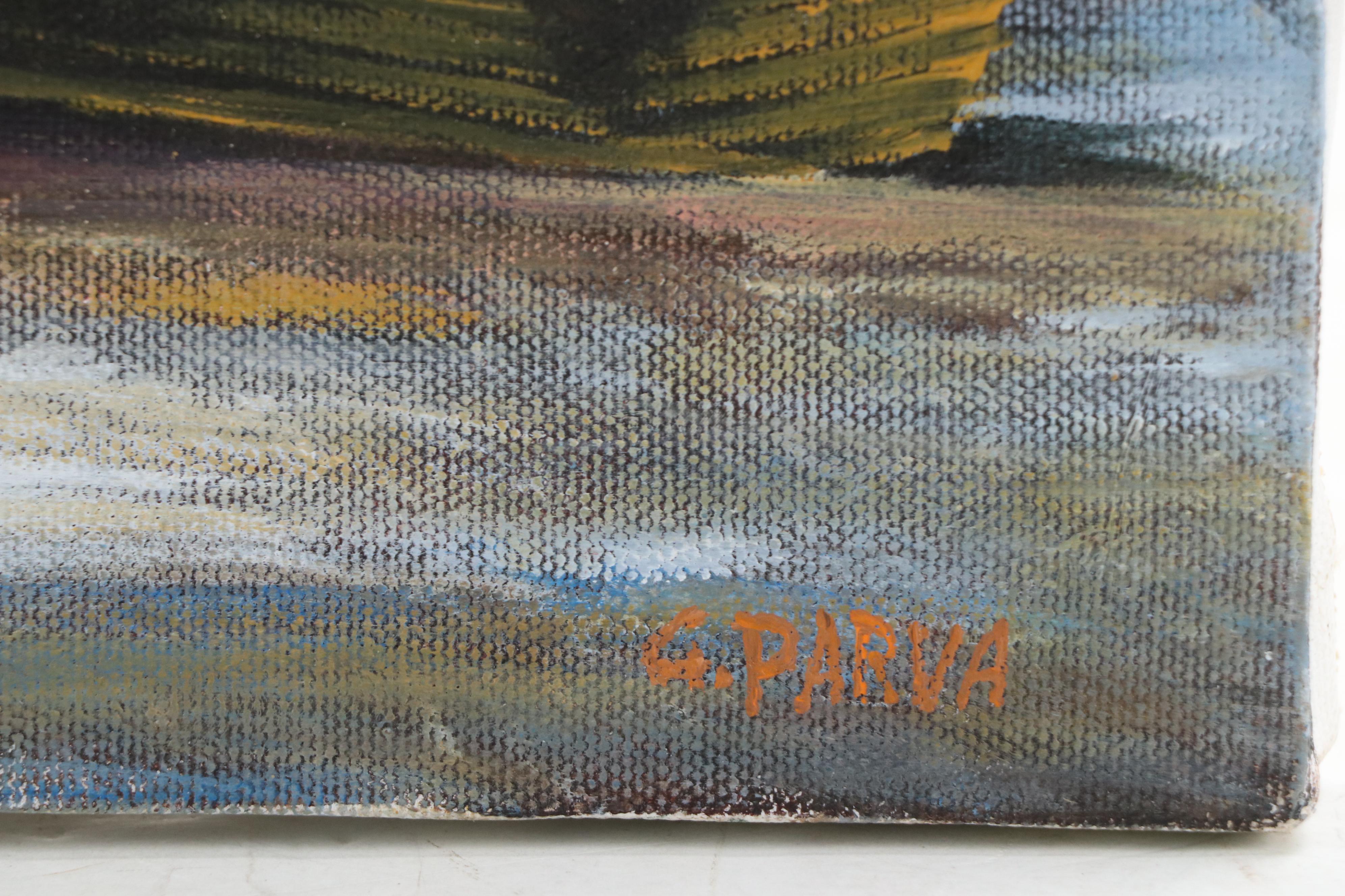 G. Parva Acrylic Painting of Windswept Woman Hanging Laundry