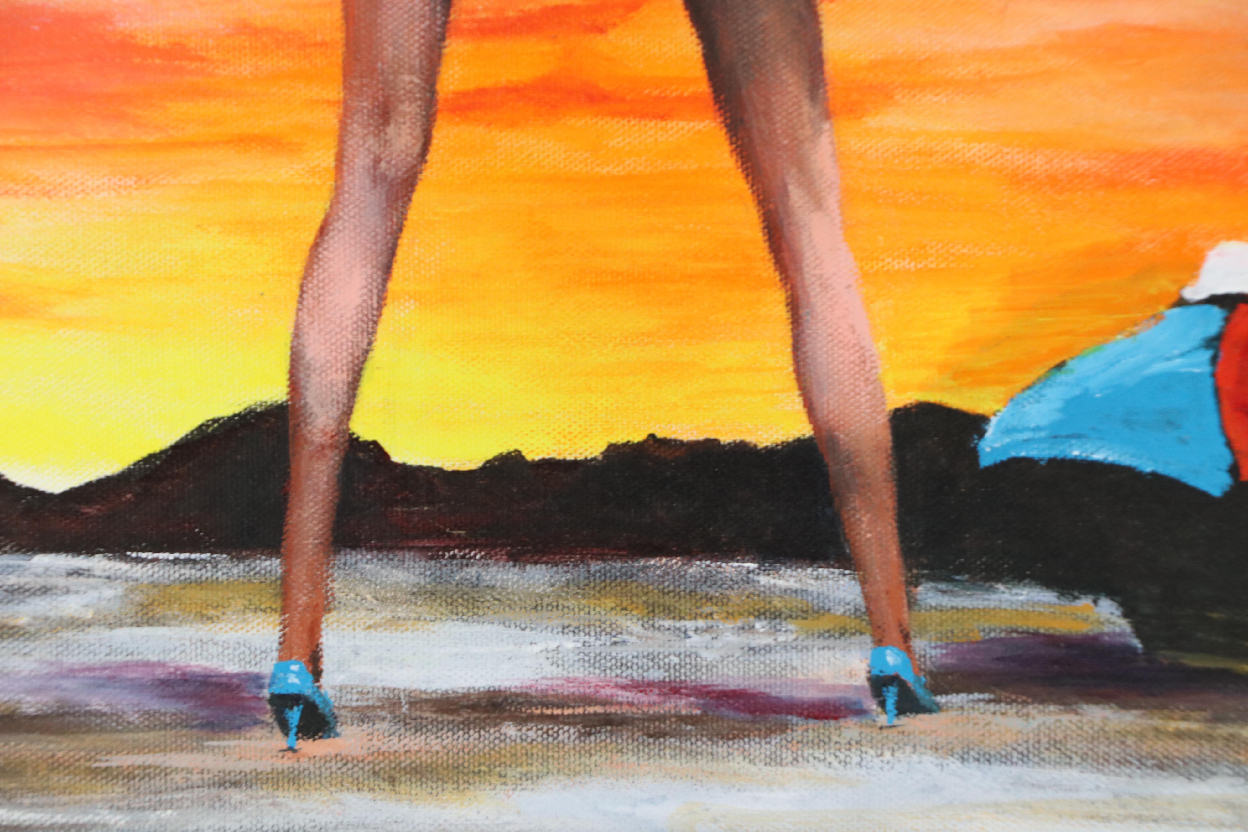 G. Parva Acrylic Painting of Windswept Woman Hanging Laundry