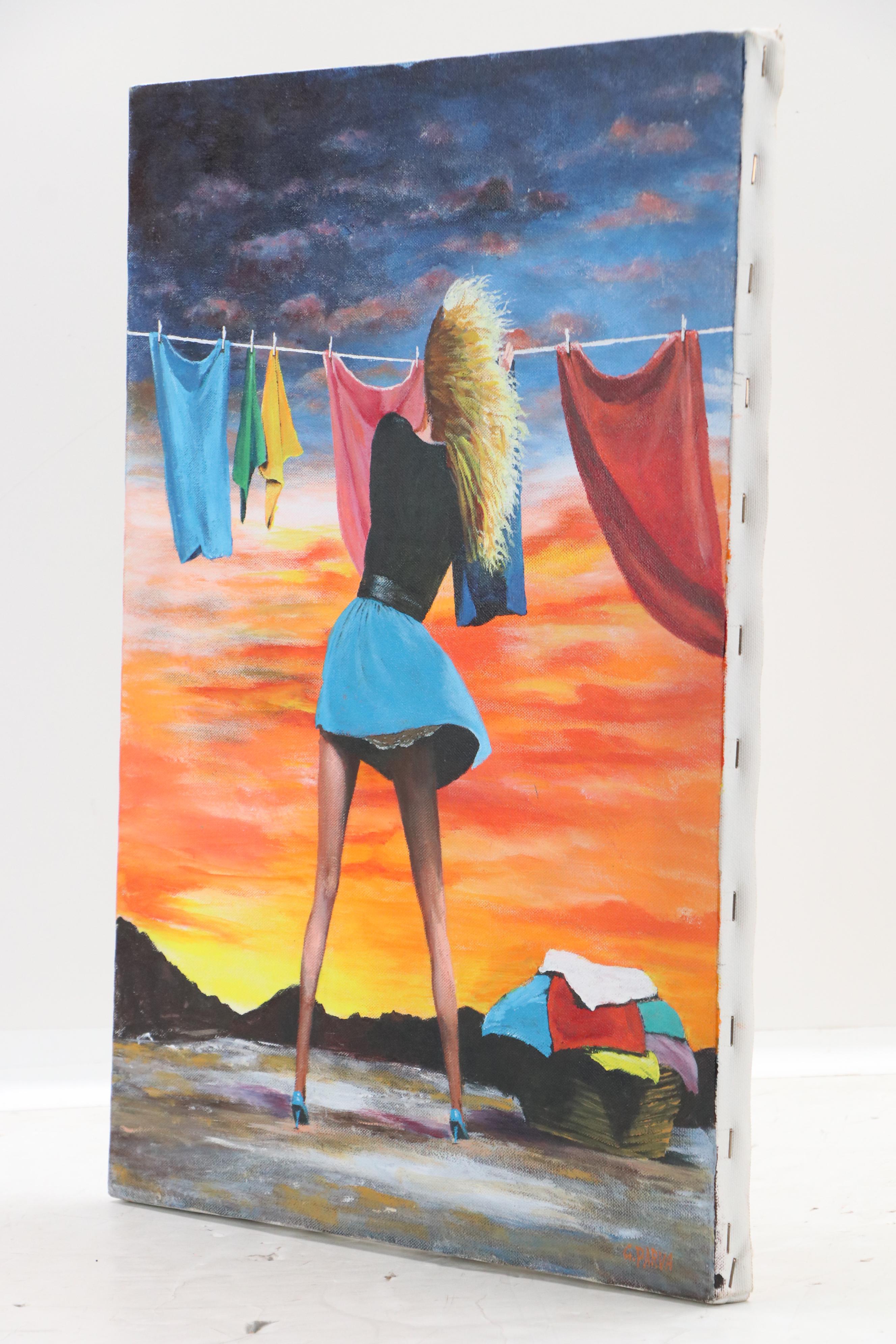 G. Parva Acrylic Painting of Windswept Woman Hanging Laundry
