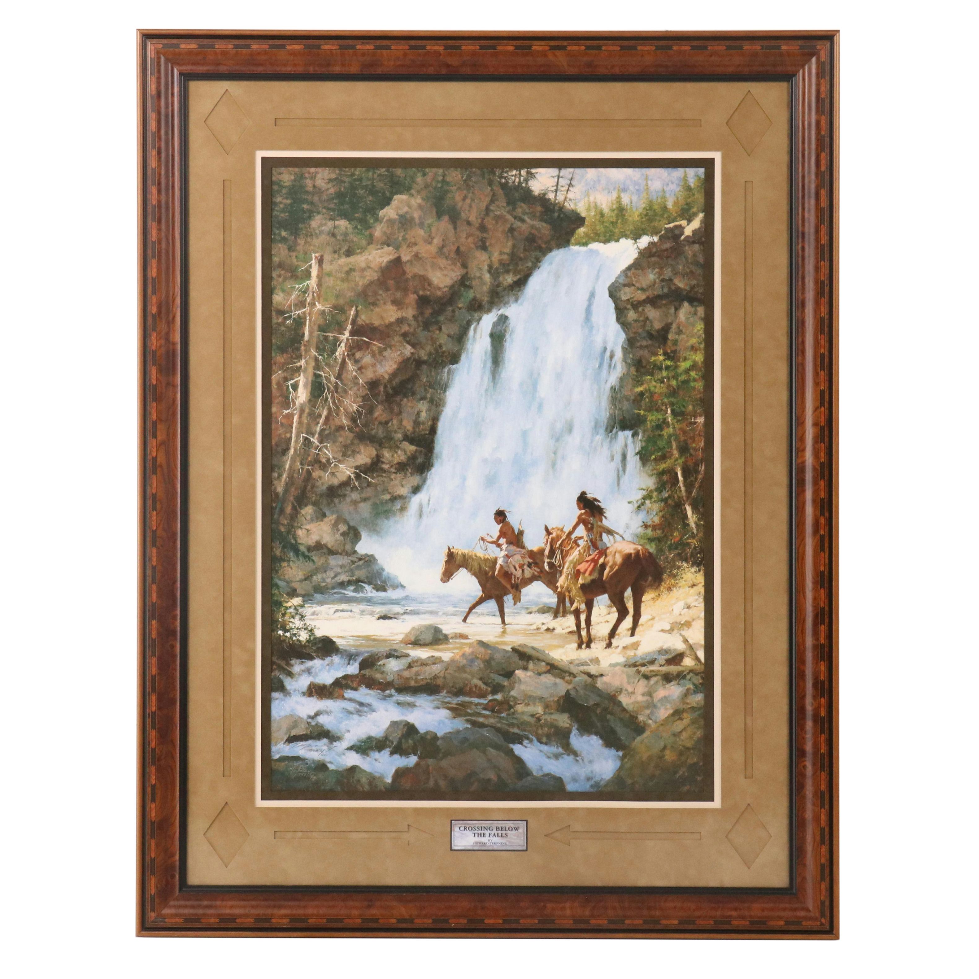 Howard Terpning Offset Lithograph "Crossing Below the Falls," 1996