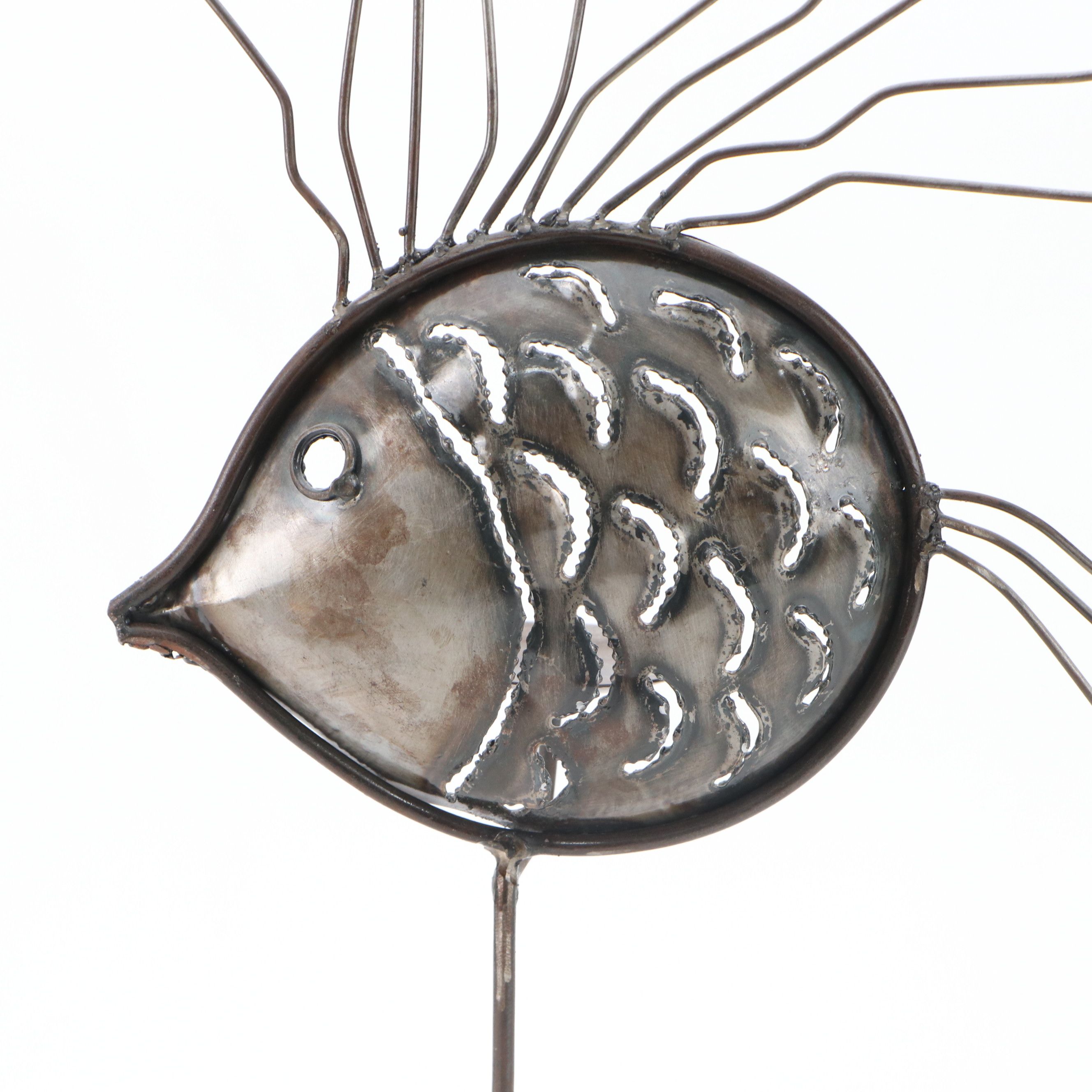 Contemporary Metal Fish Pillar Candle Holder with Crackle Painted Ceramic Vases