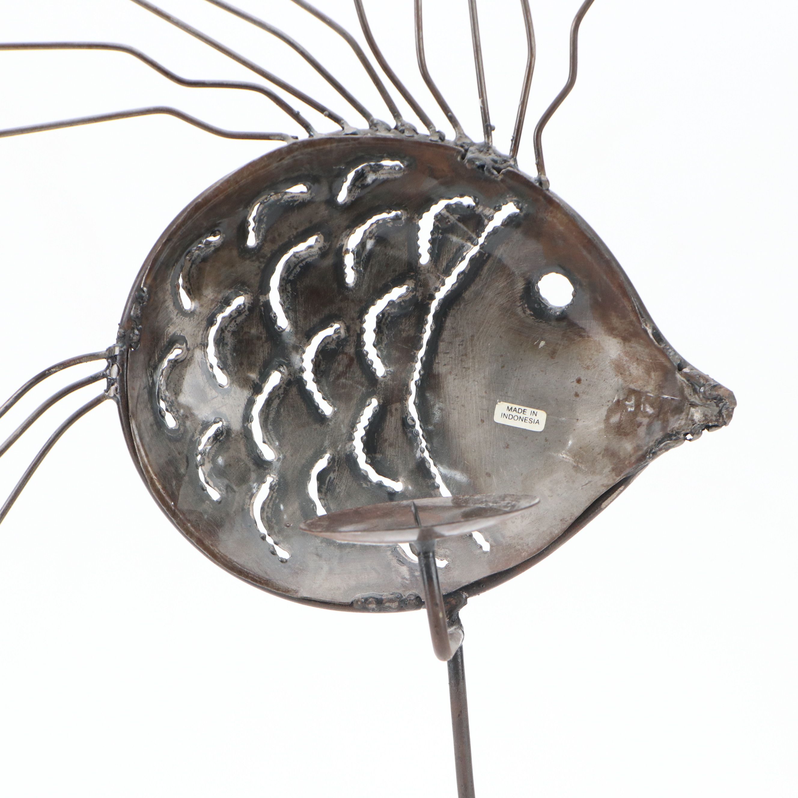 Contemporary Metal Fish Pillar Candle Holder with Crackle Painted Ceramic Vases