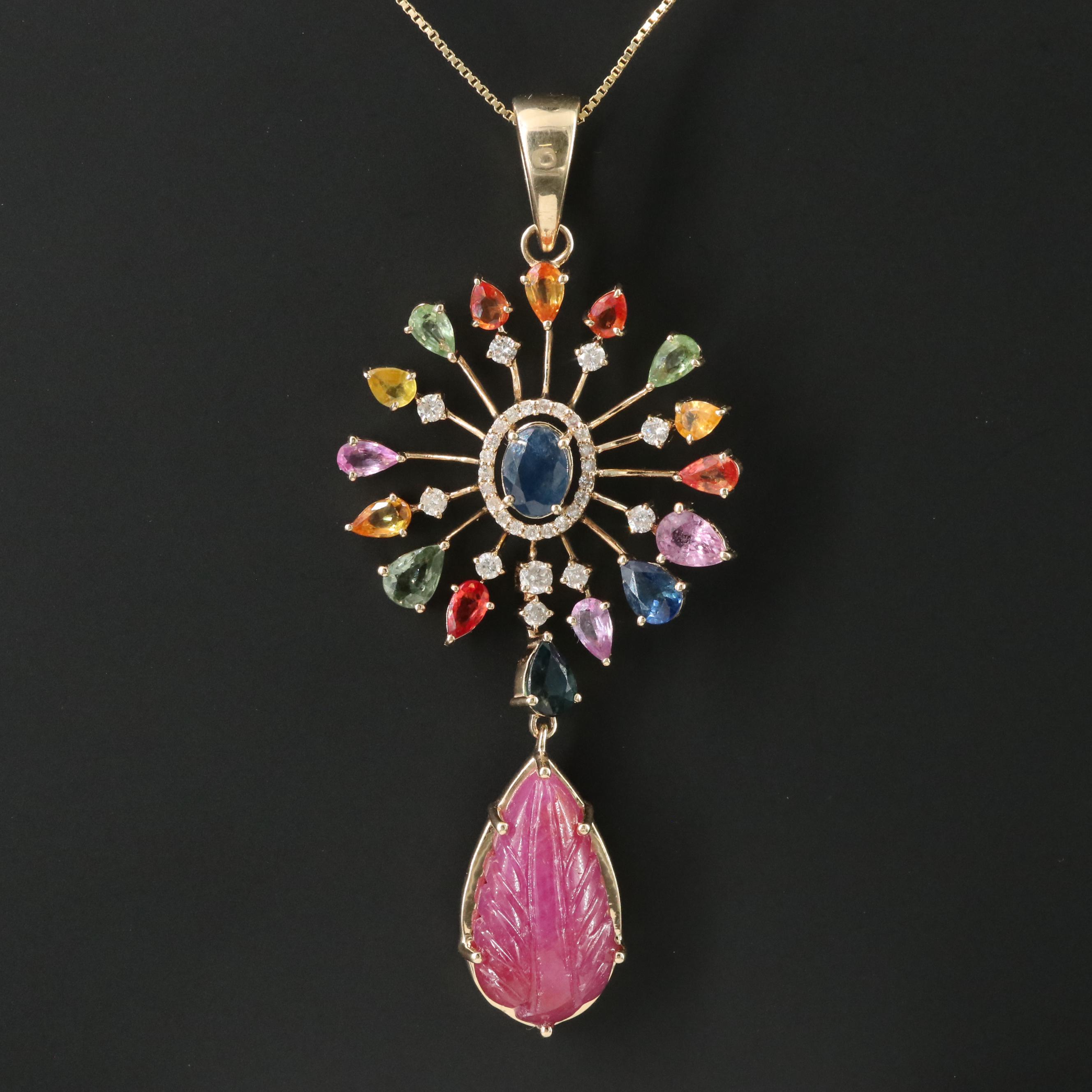 14K 14.59 CT Ruby, Sapphire and Diamond Pendant Necklace with IGI Report