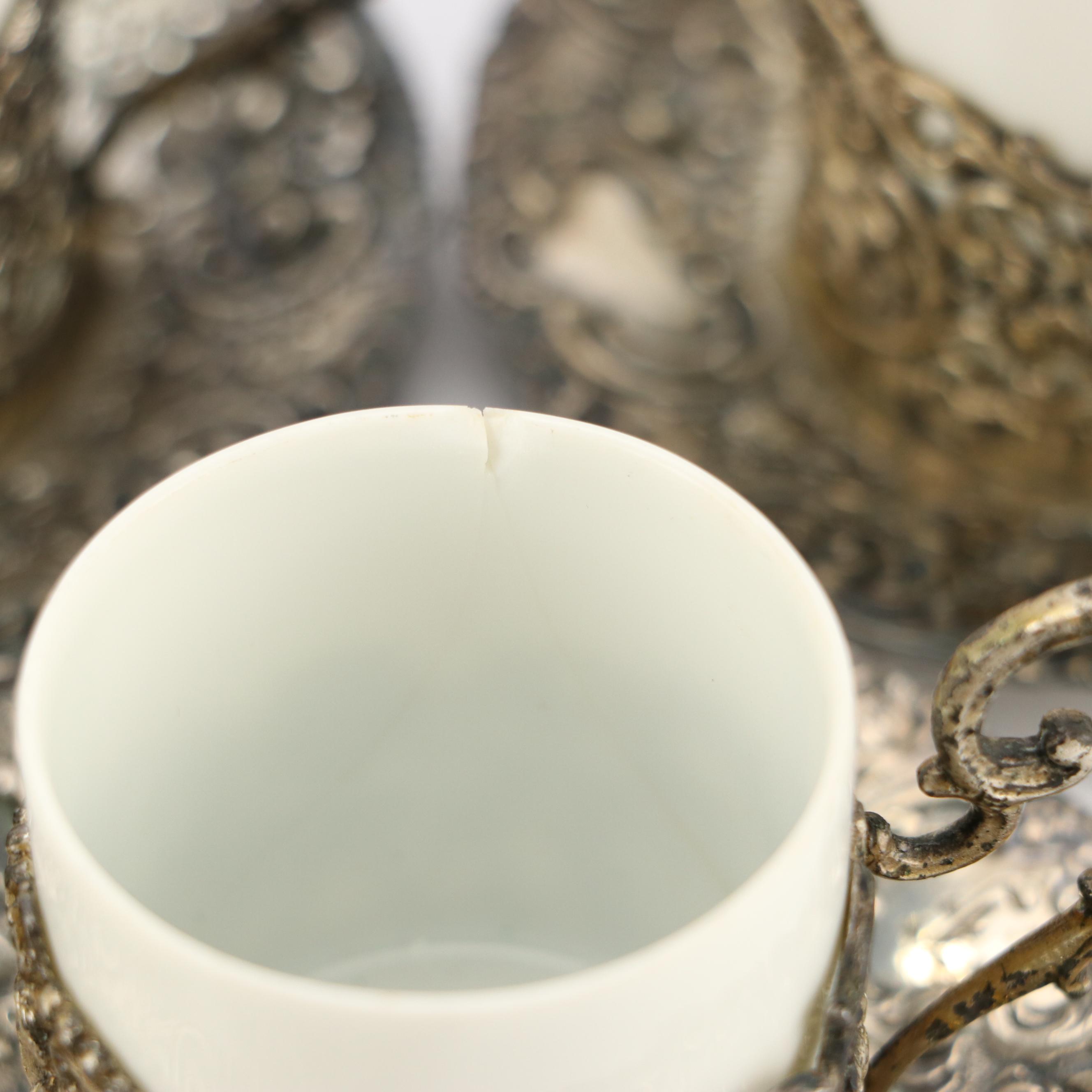 German Baroque Style 800 Silver and Porcelain Demitasse Cups