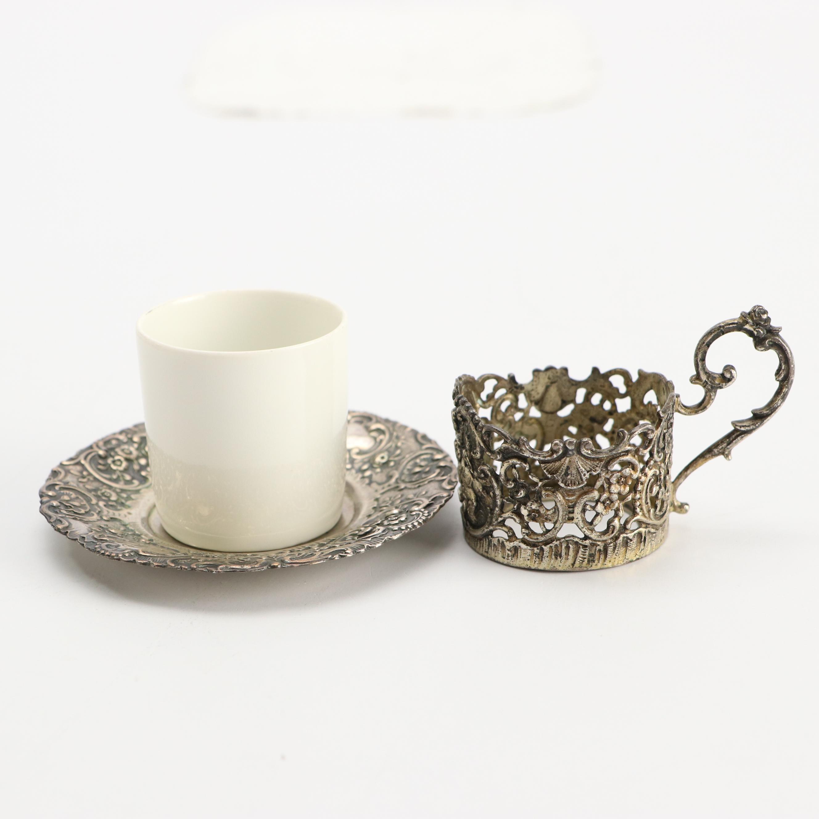 German Baroque Style 800 Silver and Porcelain Demitasse Cups