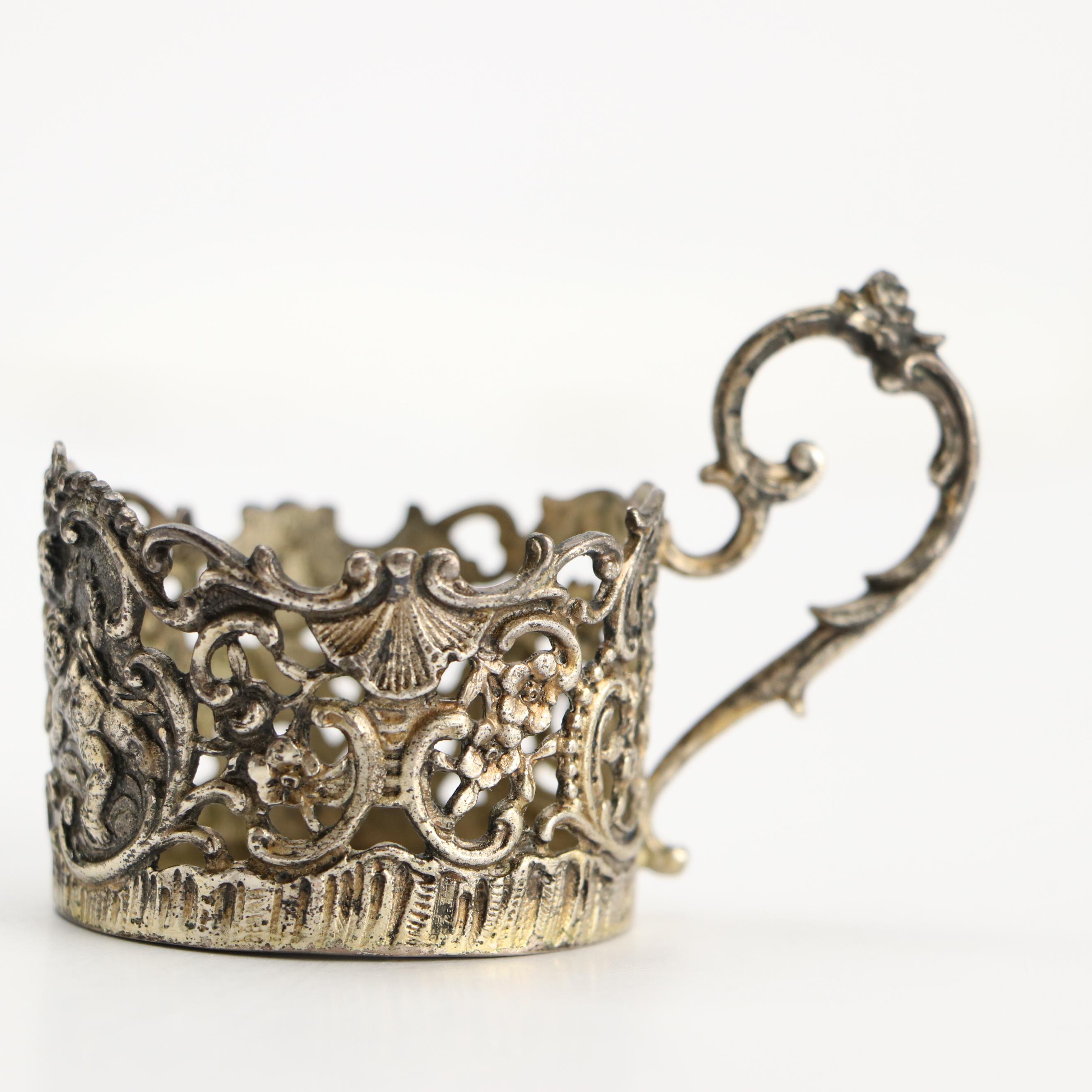 German Baroque Style 800 Silver and Porcelain Demitasse Cups