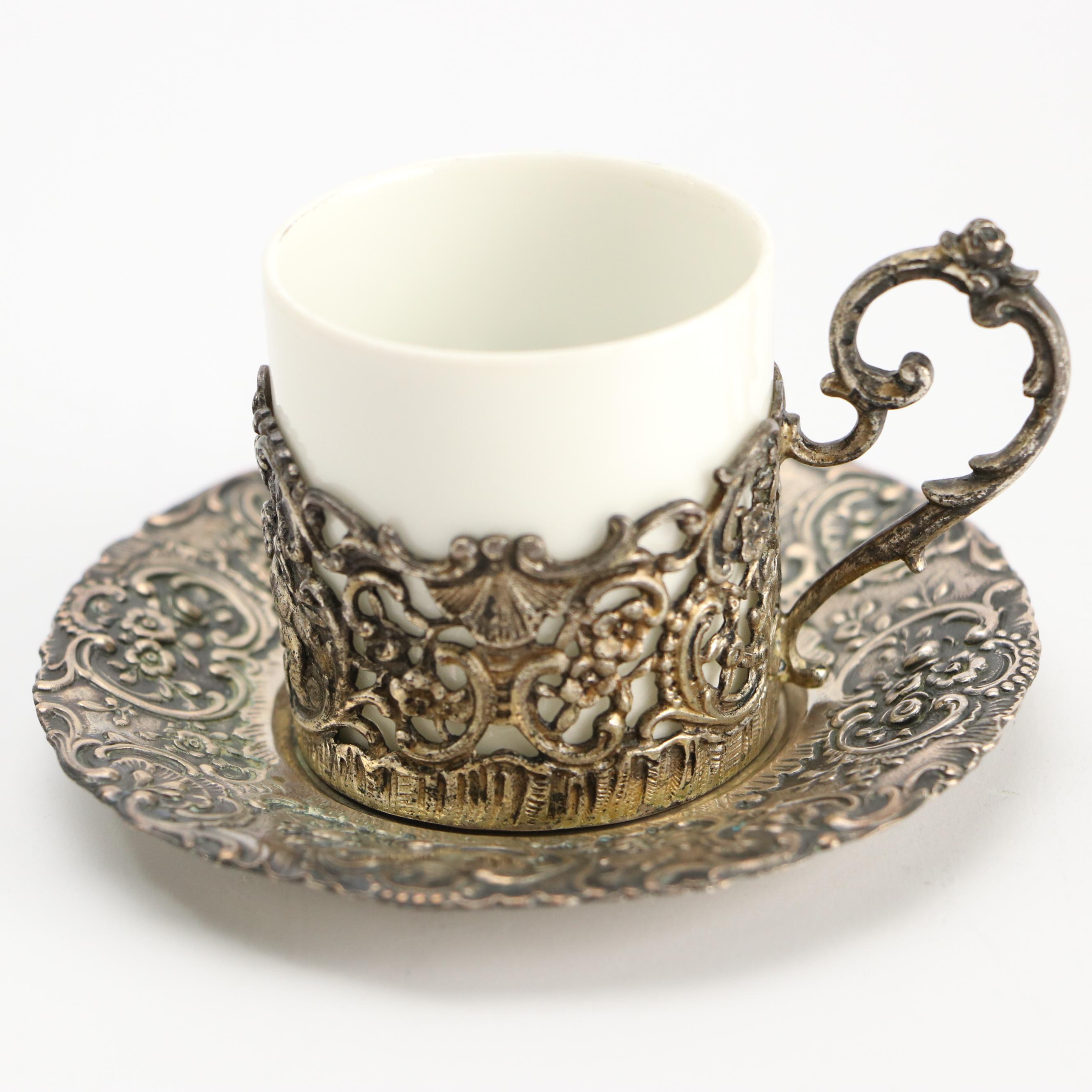 German Baroque Style 800 Silver and Porcelain Demitasse Cups