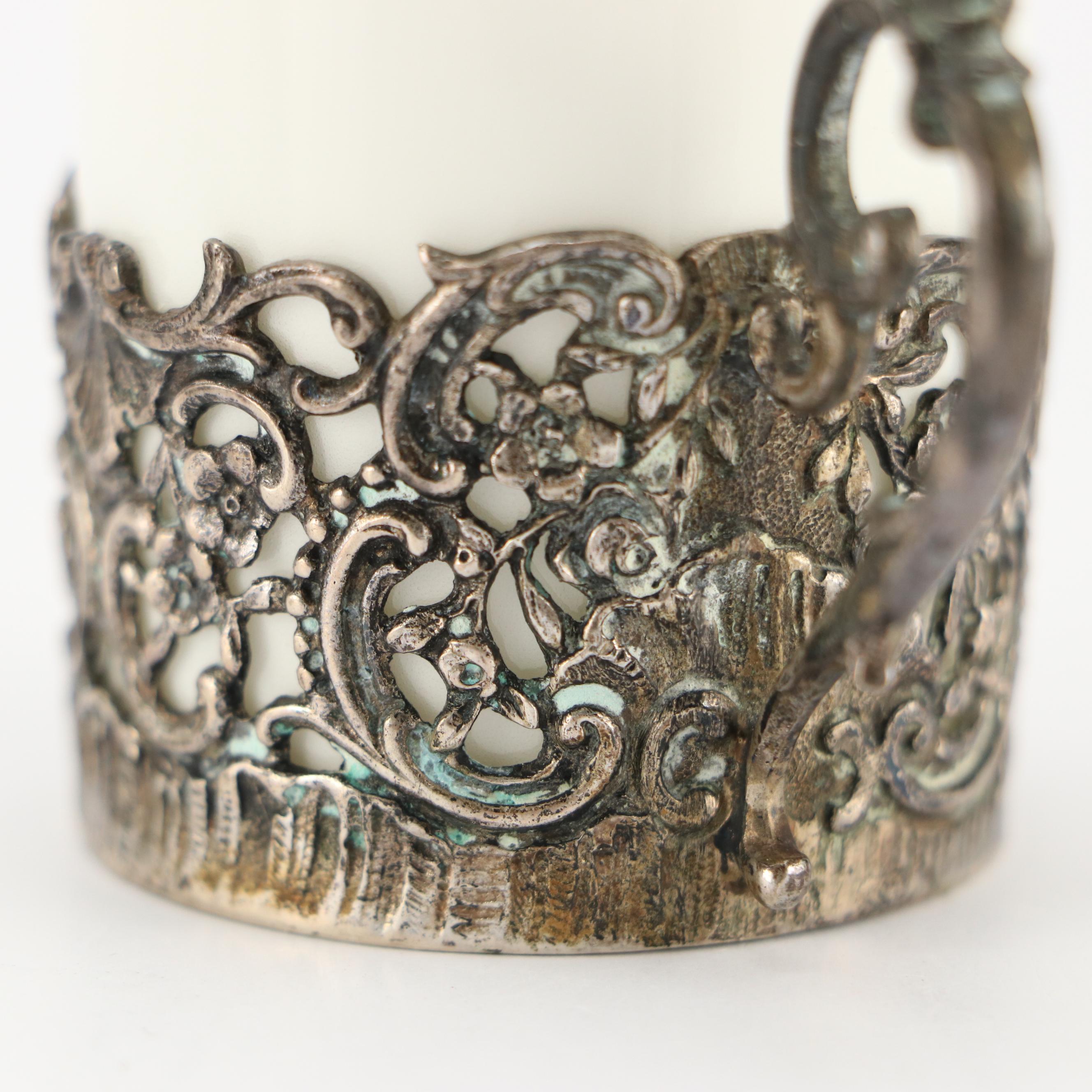 German Baroque Style 800 Silver and Porcelain Demitasse Cups