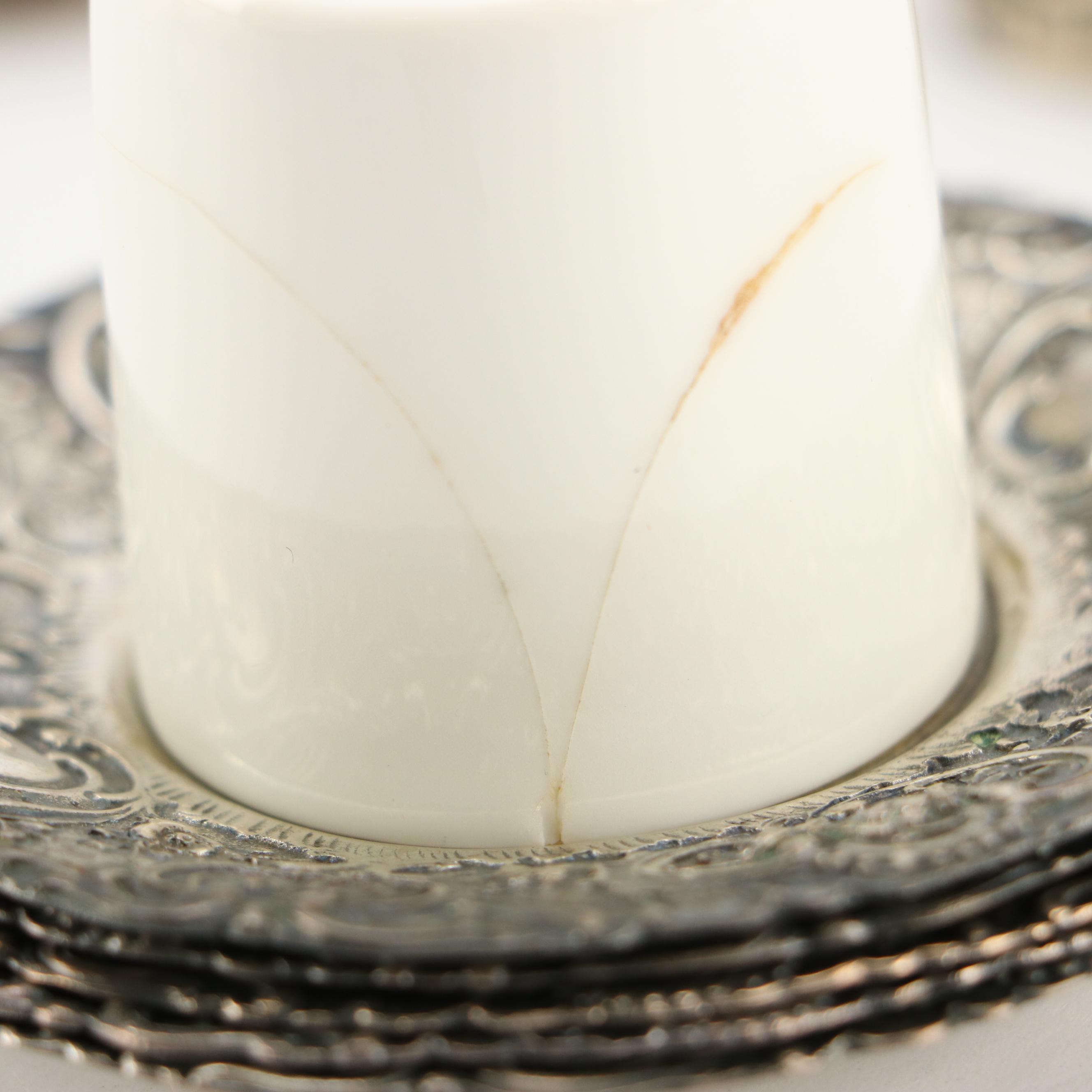 German Baroque Style 800 Silver and Porcelain Demitasse Cups