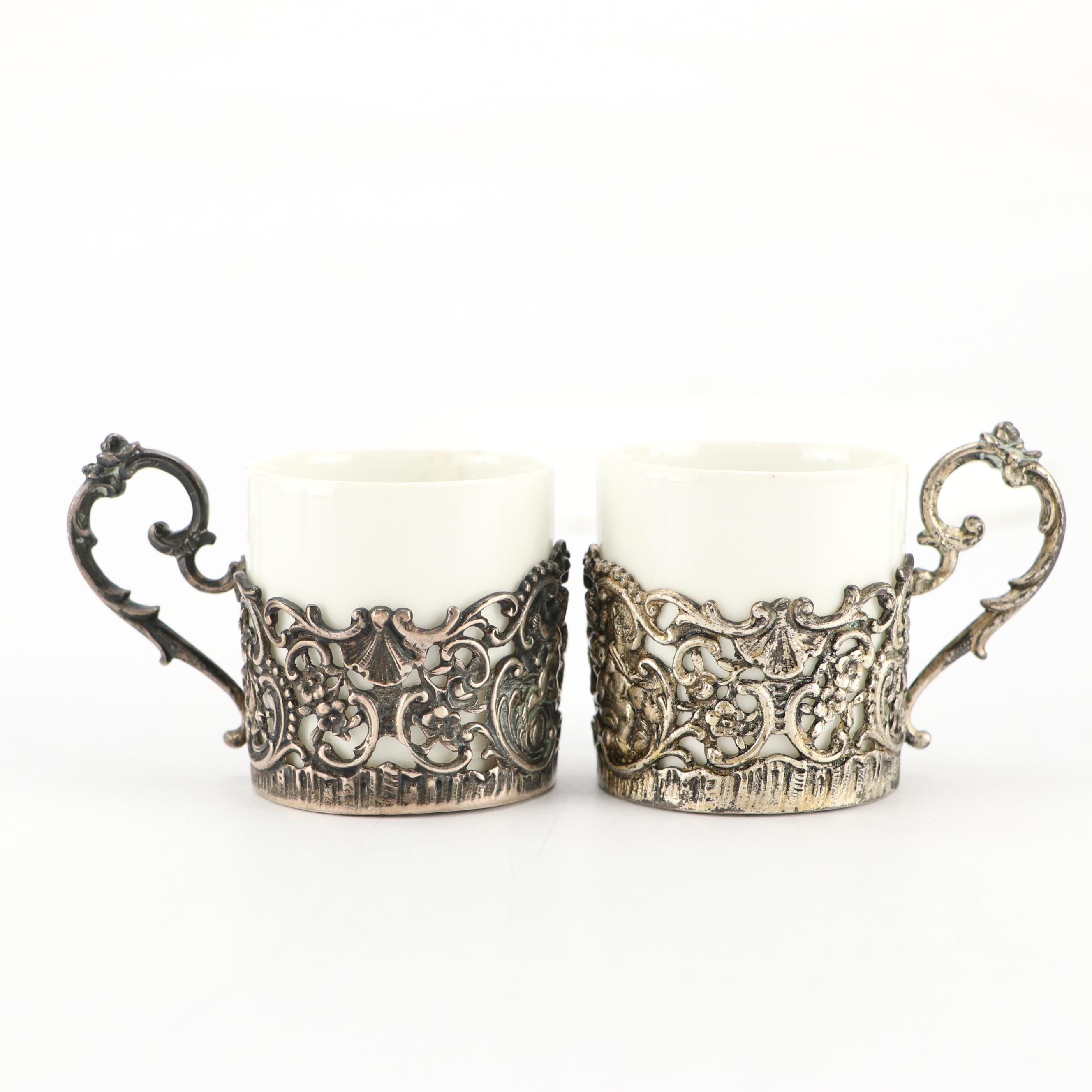 German Baroque Style 800 Silver and Porcelain Demitasse Cups