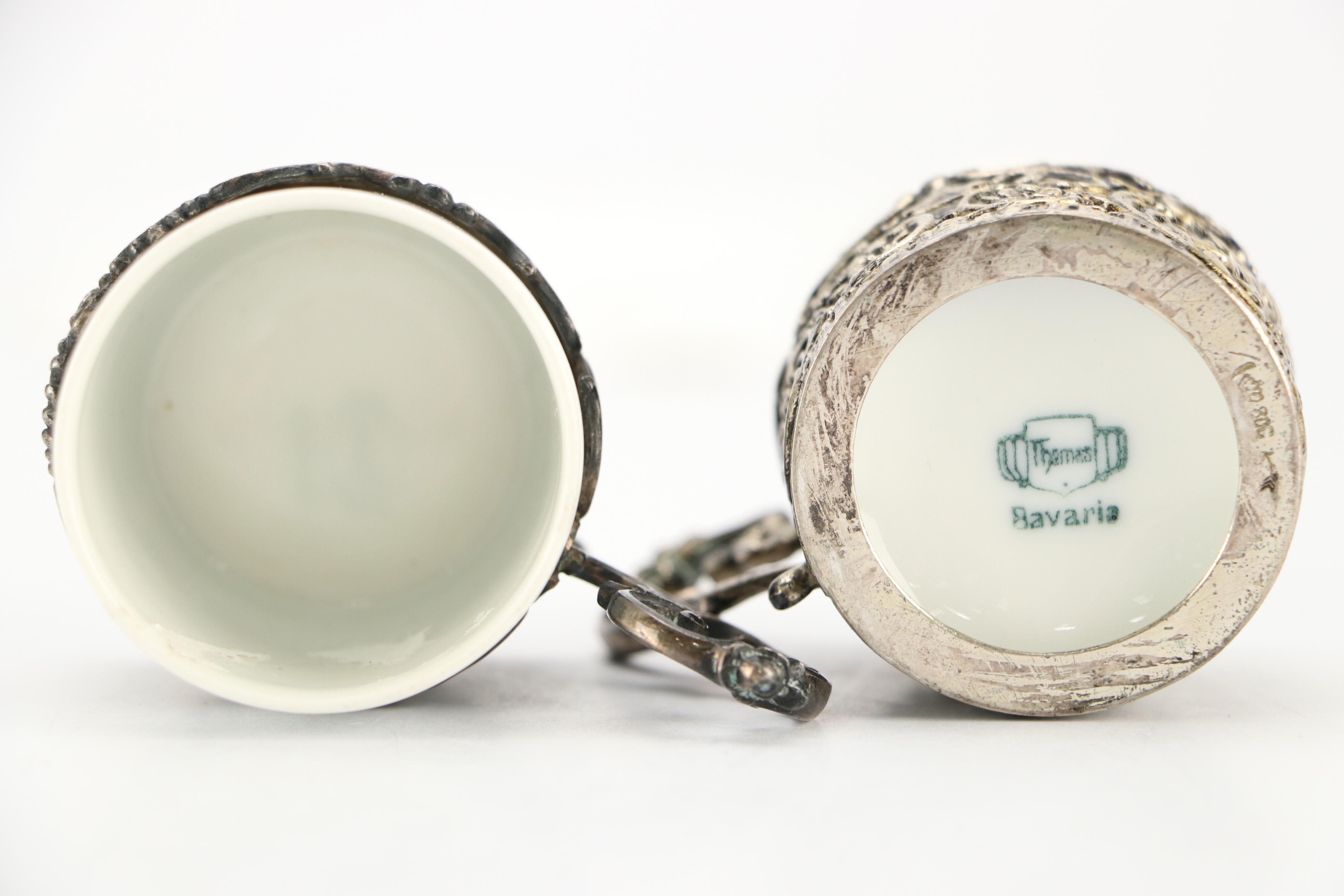 German Baroque Style 800 Silver and Porcelain Demitasse Cups