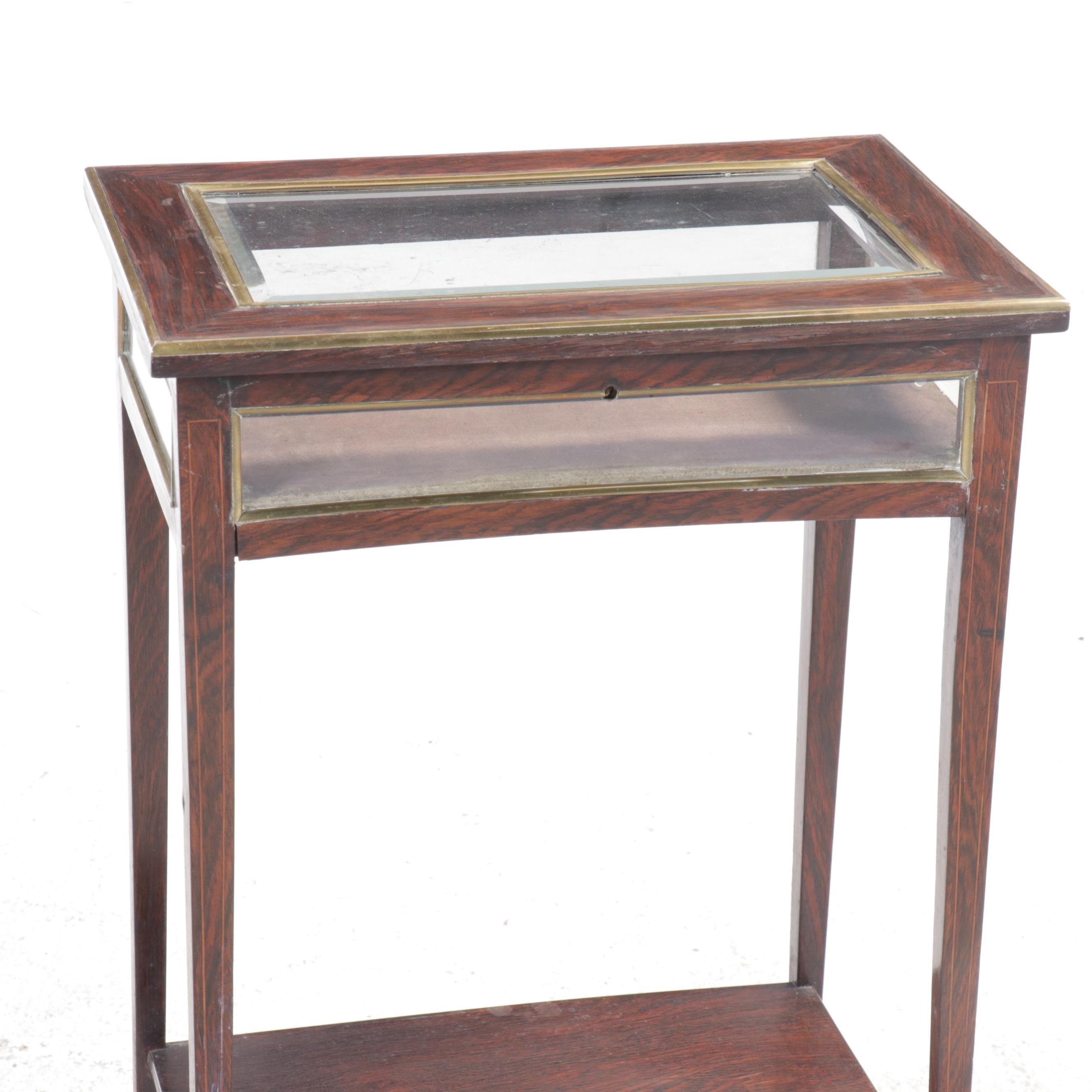 Edwardian Rosewood and String Inlay with Beveled Glass Vitrine Table