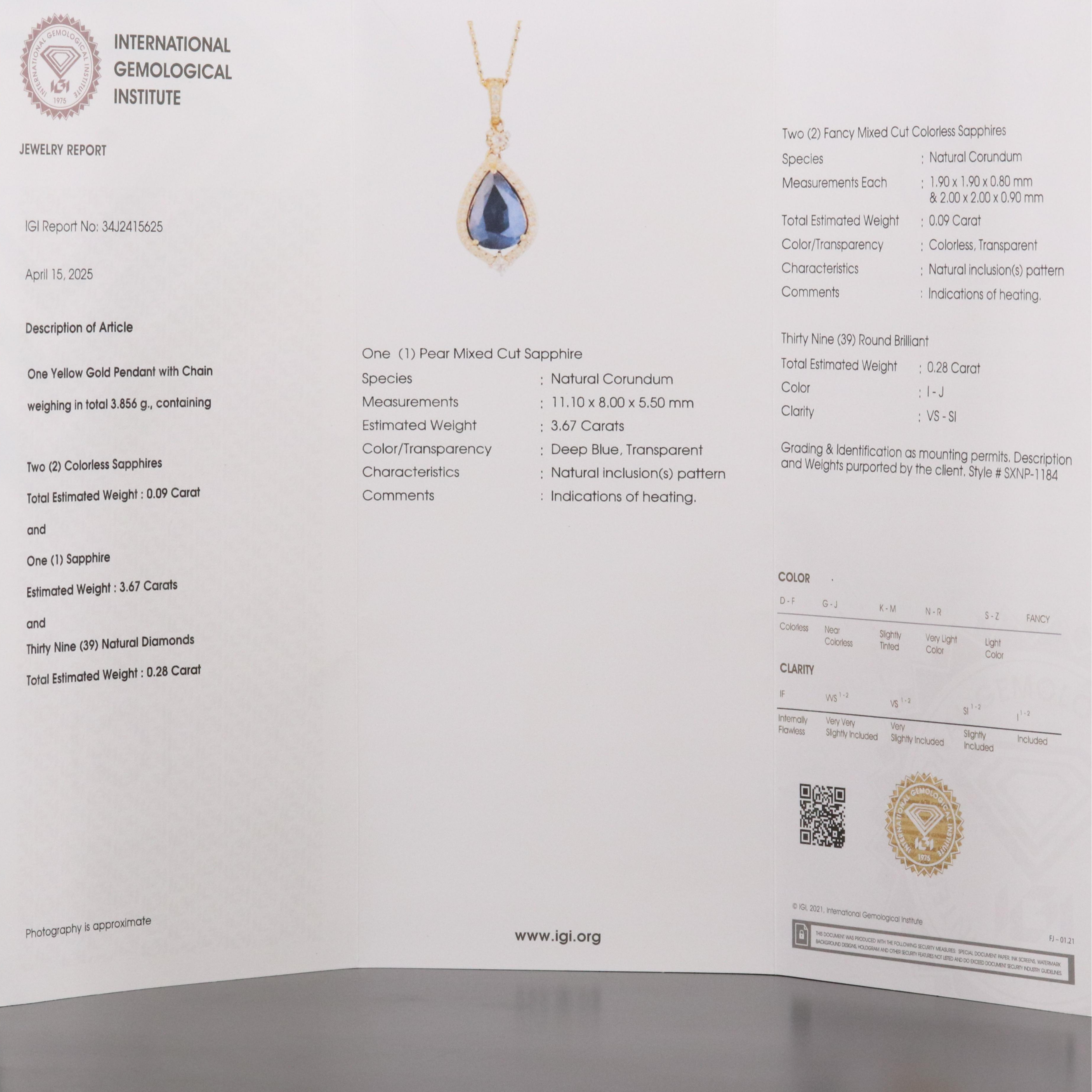 14K 3.67 CTW Sapphire and White Sapphire Pendant Necklace with IGI Report